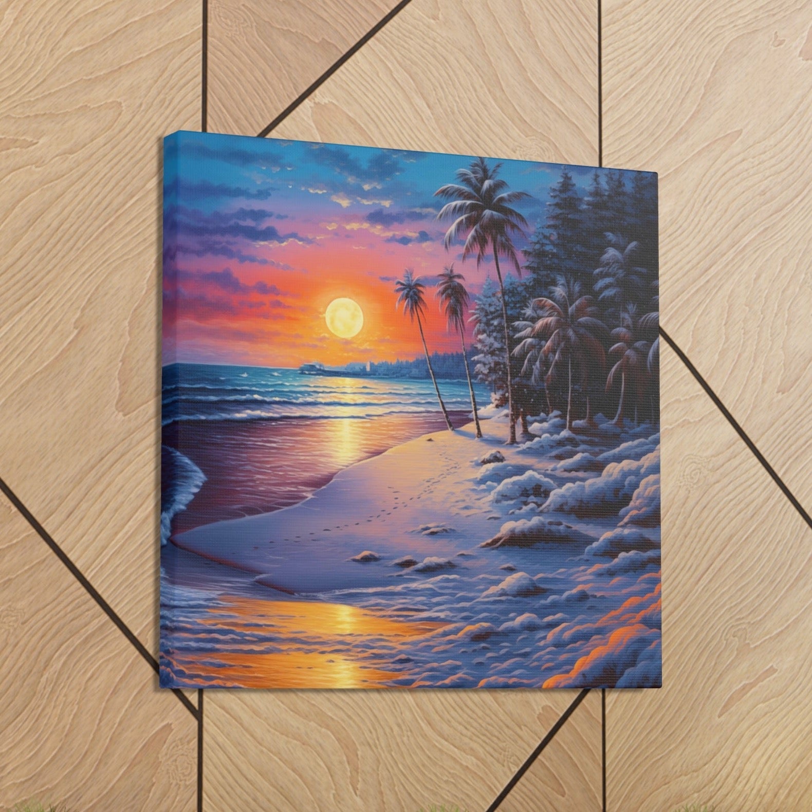 snow covered beach sunset art prints