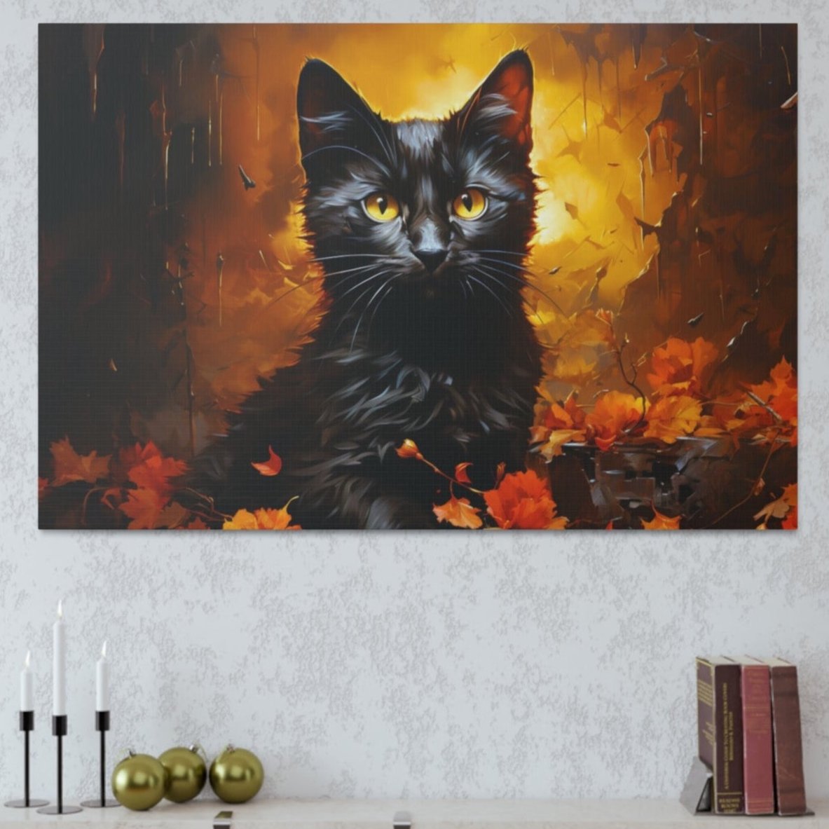 Halloween scene art Impressionism black cats fall leaves