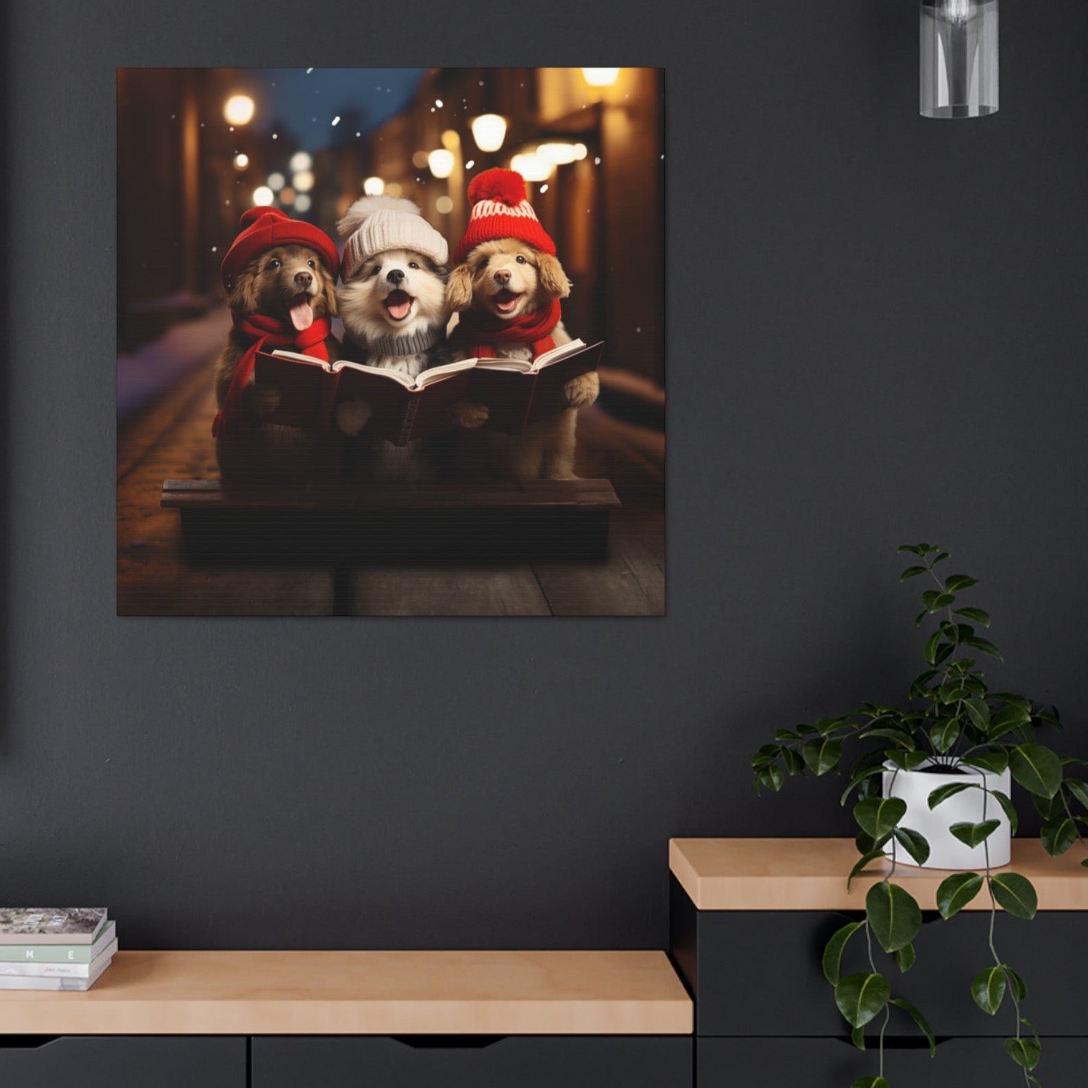 dogs Christmas carolers canvas prints