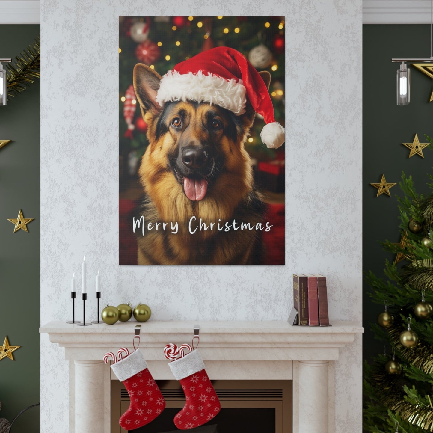 Christmas German Shepherds with Santa hat decor ideas