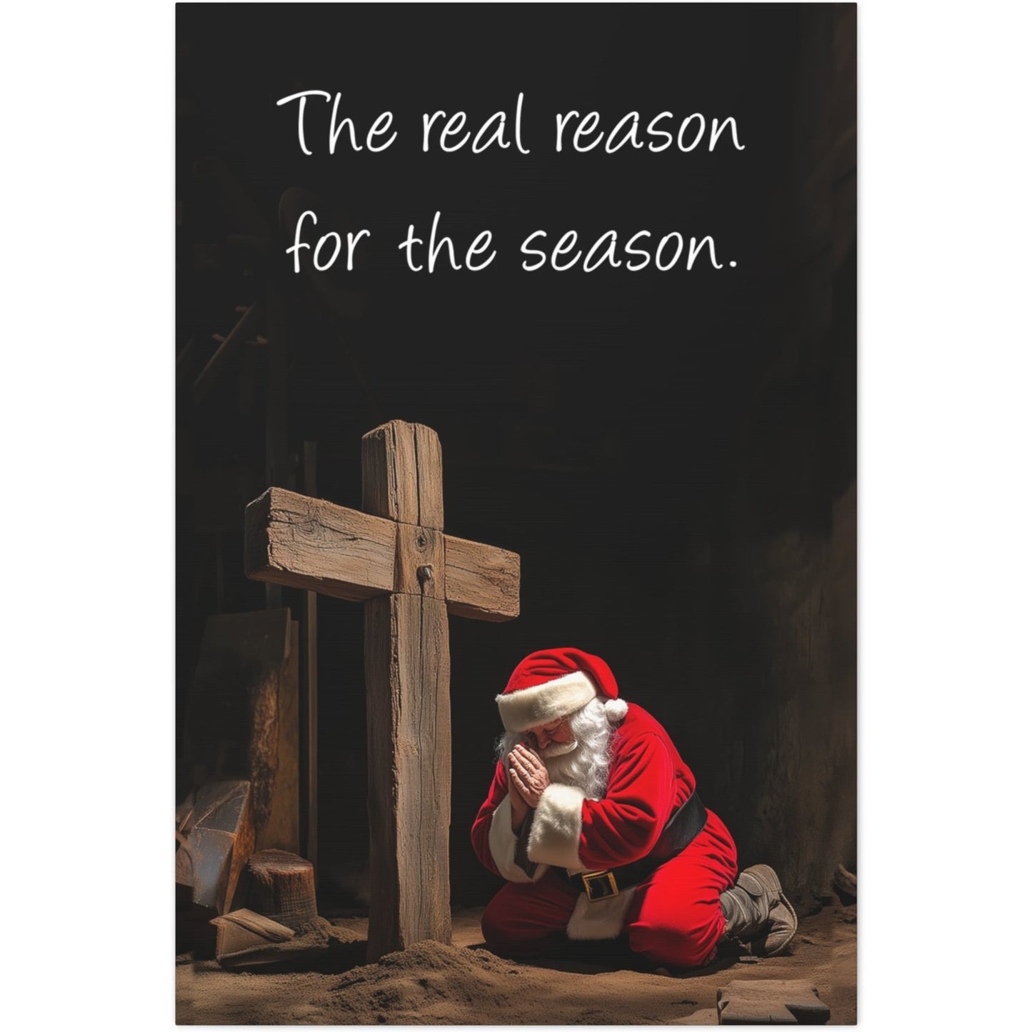 santa claus kneeling at the cross canvas print
