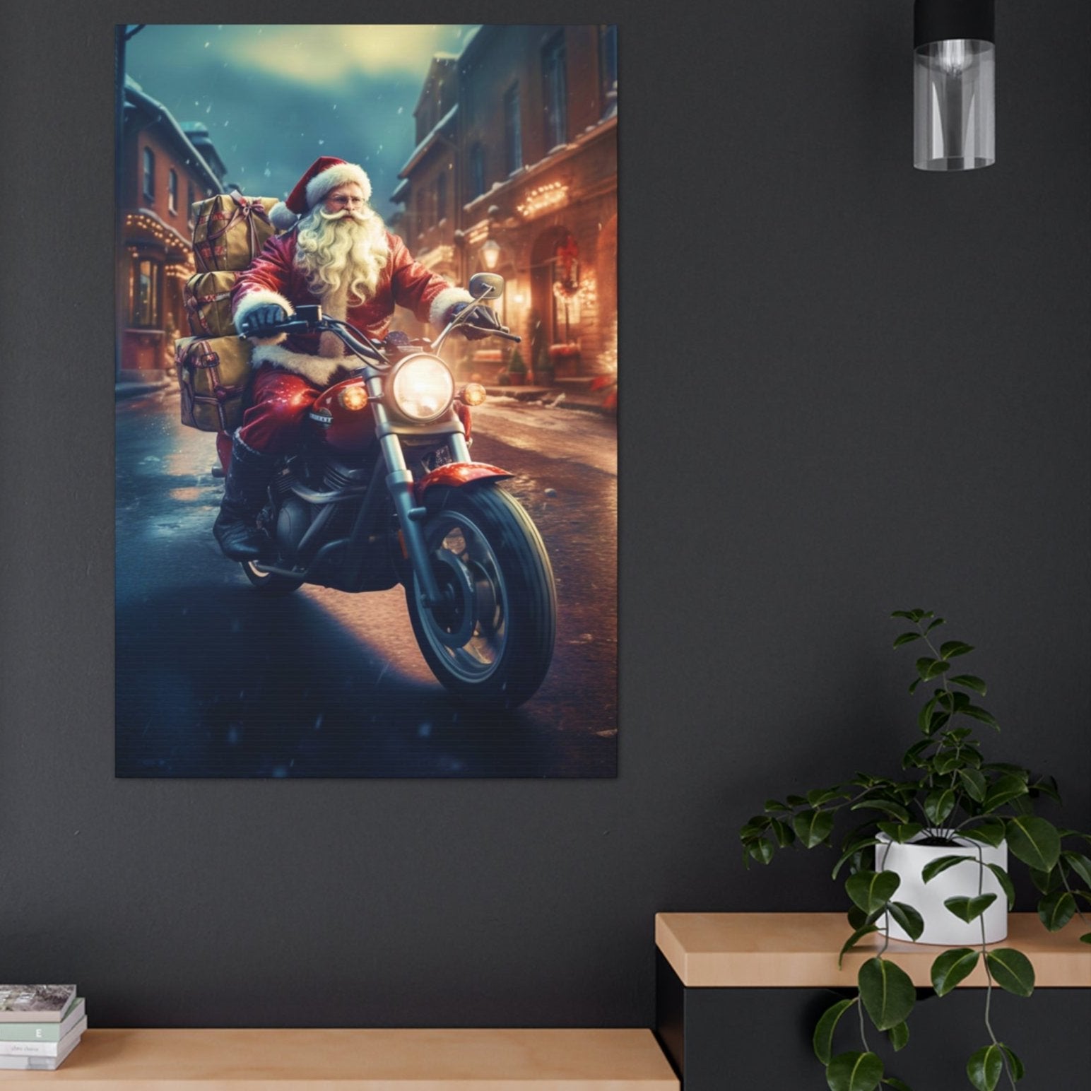 santa on motorcycle canvas print