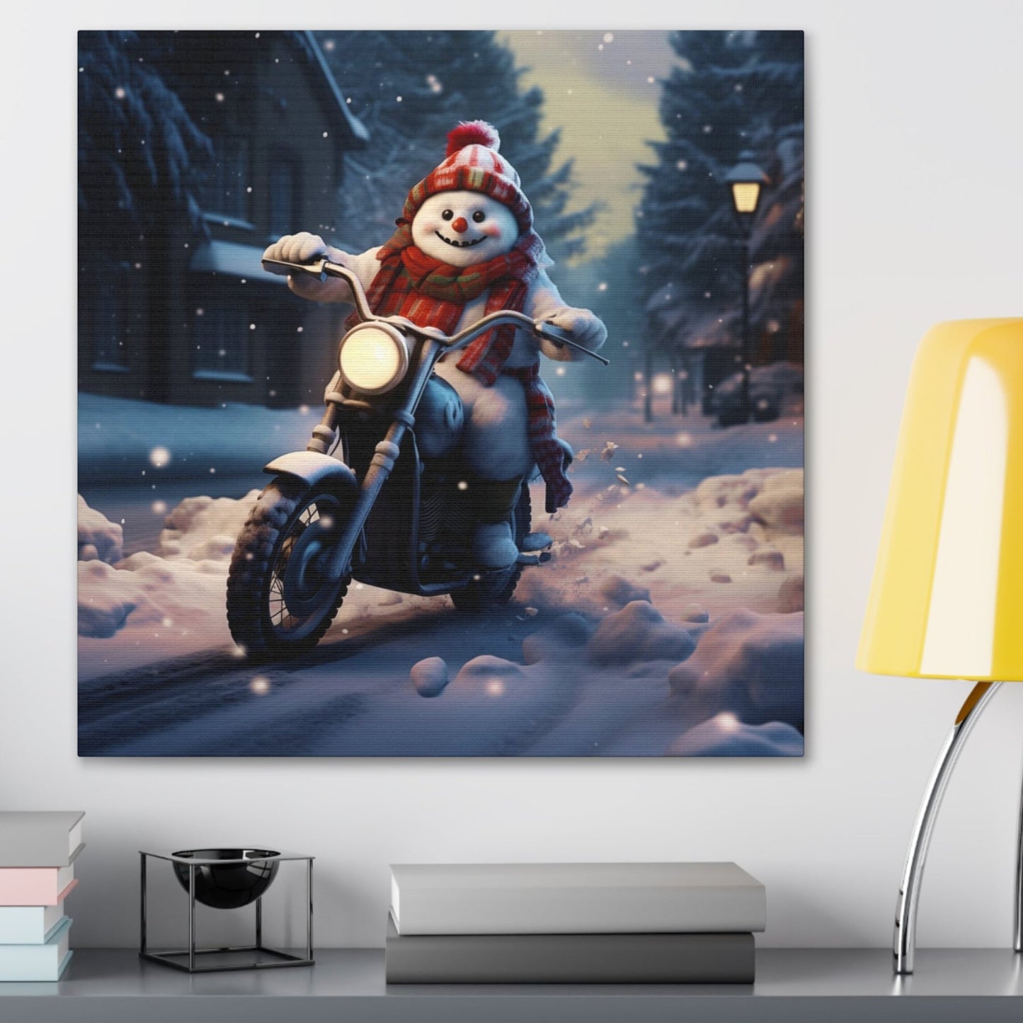 snowman Riding a Motorcycle Christmas stretched canvas print