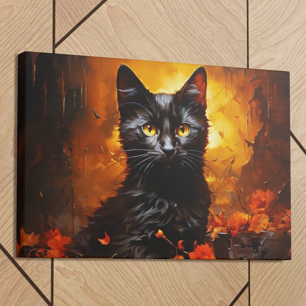 Halloween black cats art print fall leaves Impressionism