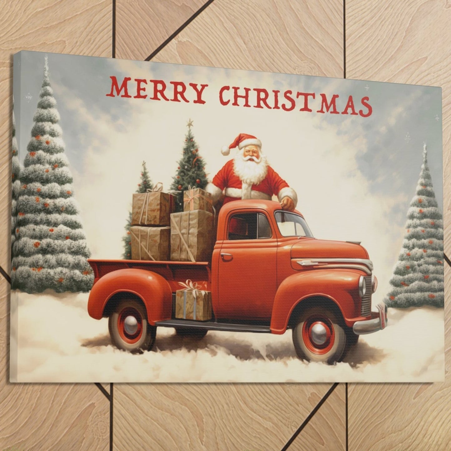 santa with red truck canvas print