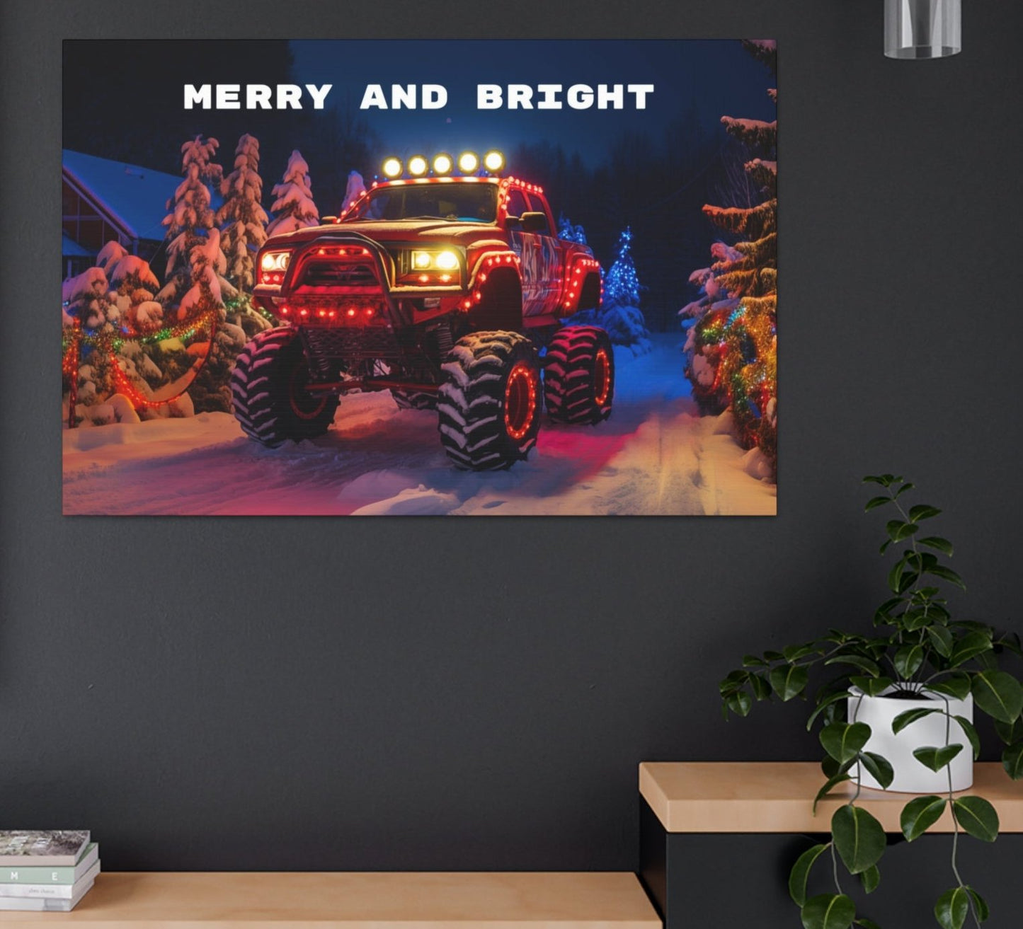 monster truck christmas red canvas prints