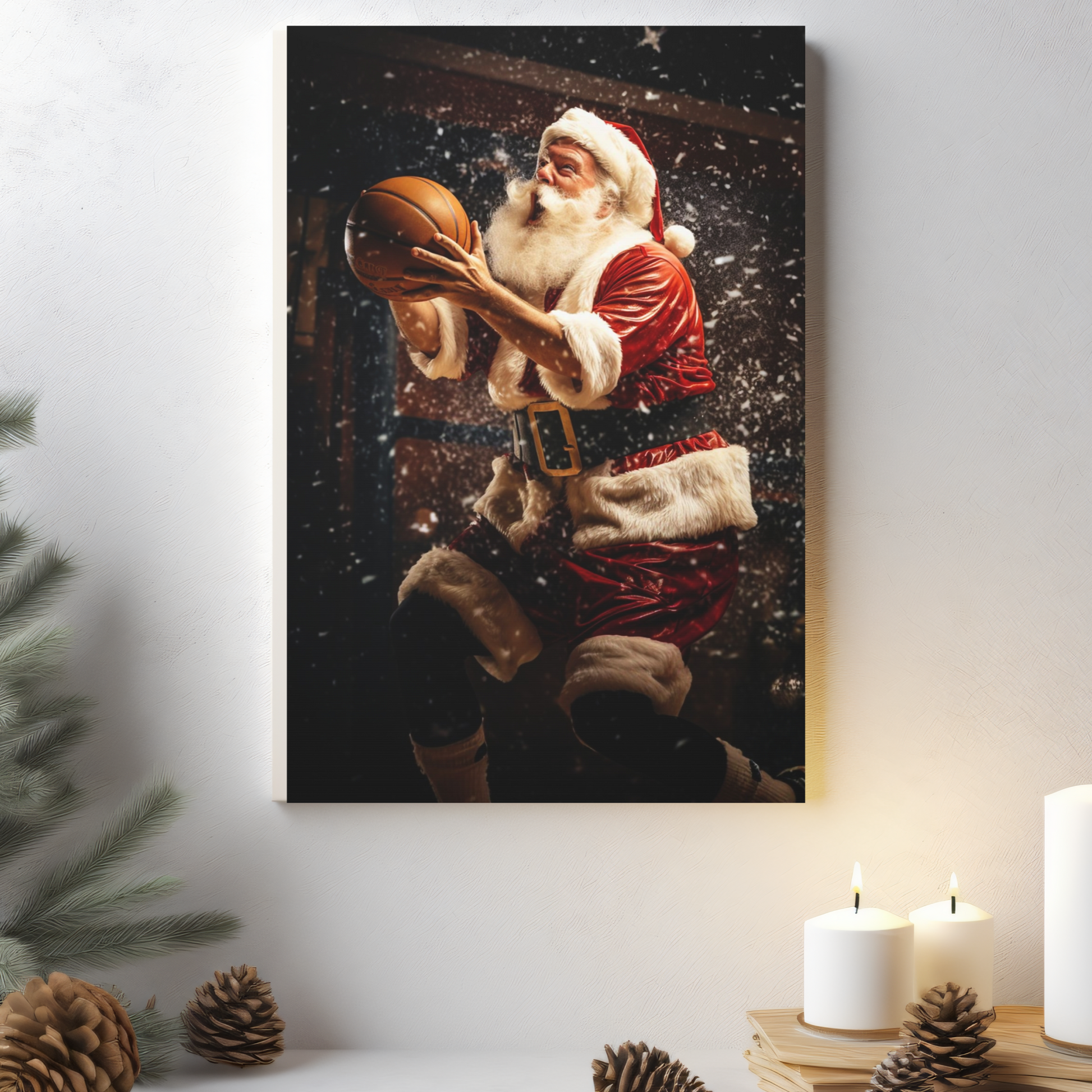 santa claus playing basketball stretched canvas print gallery wrap