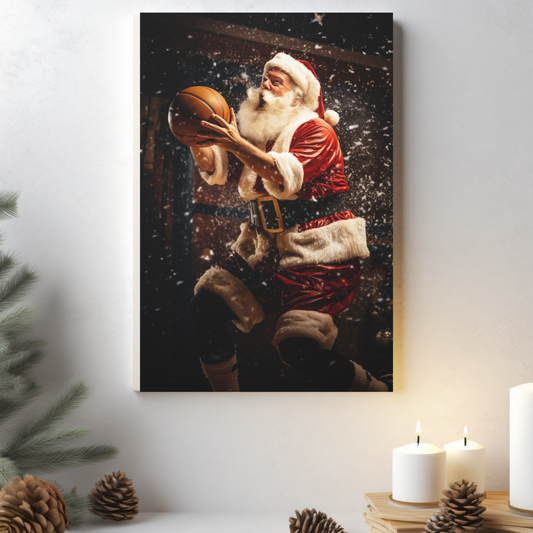 santa claus playing basketball stretched canvas print gallery wrap