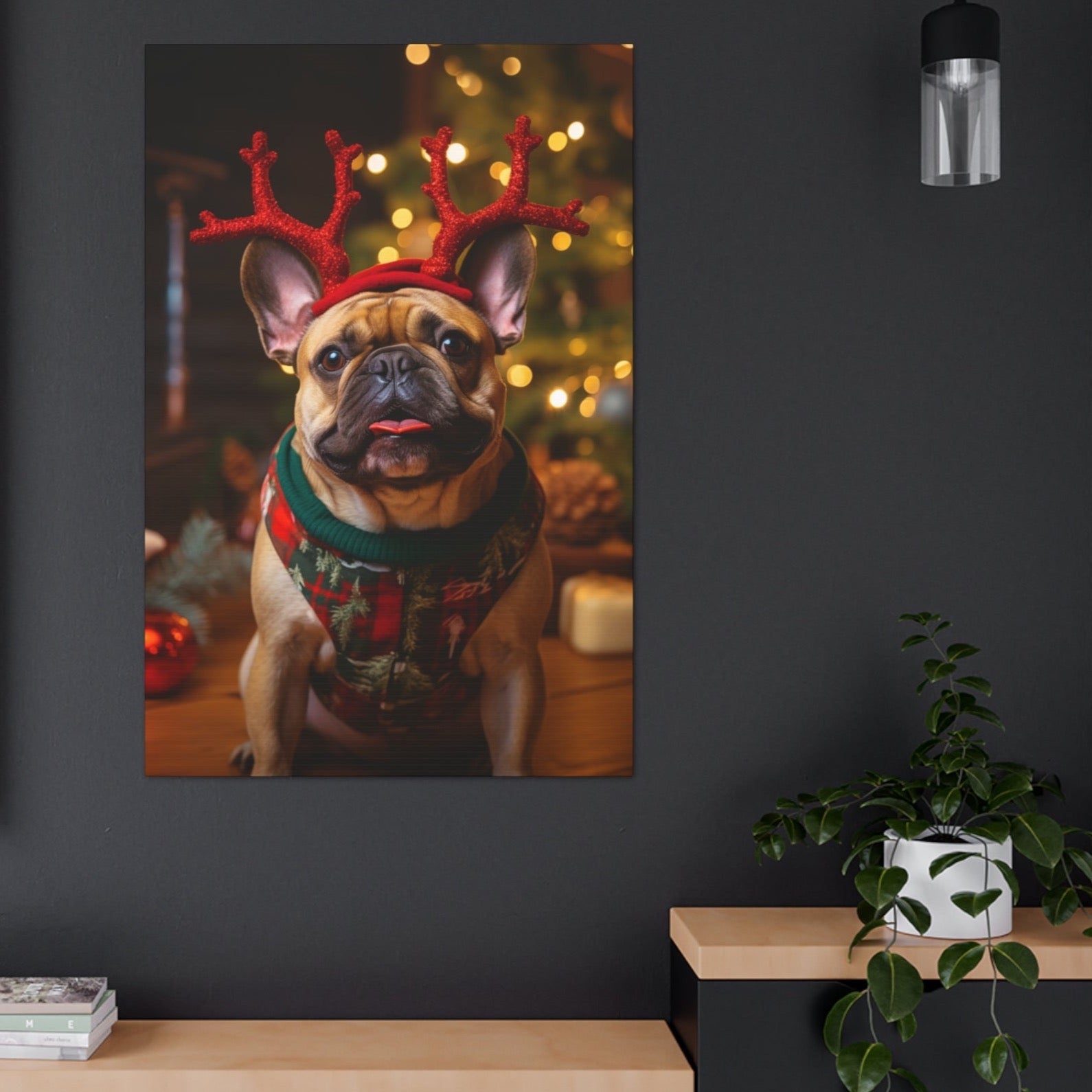 Cute Bulldogs wearing reindeer antlers