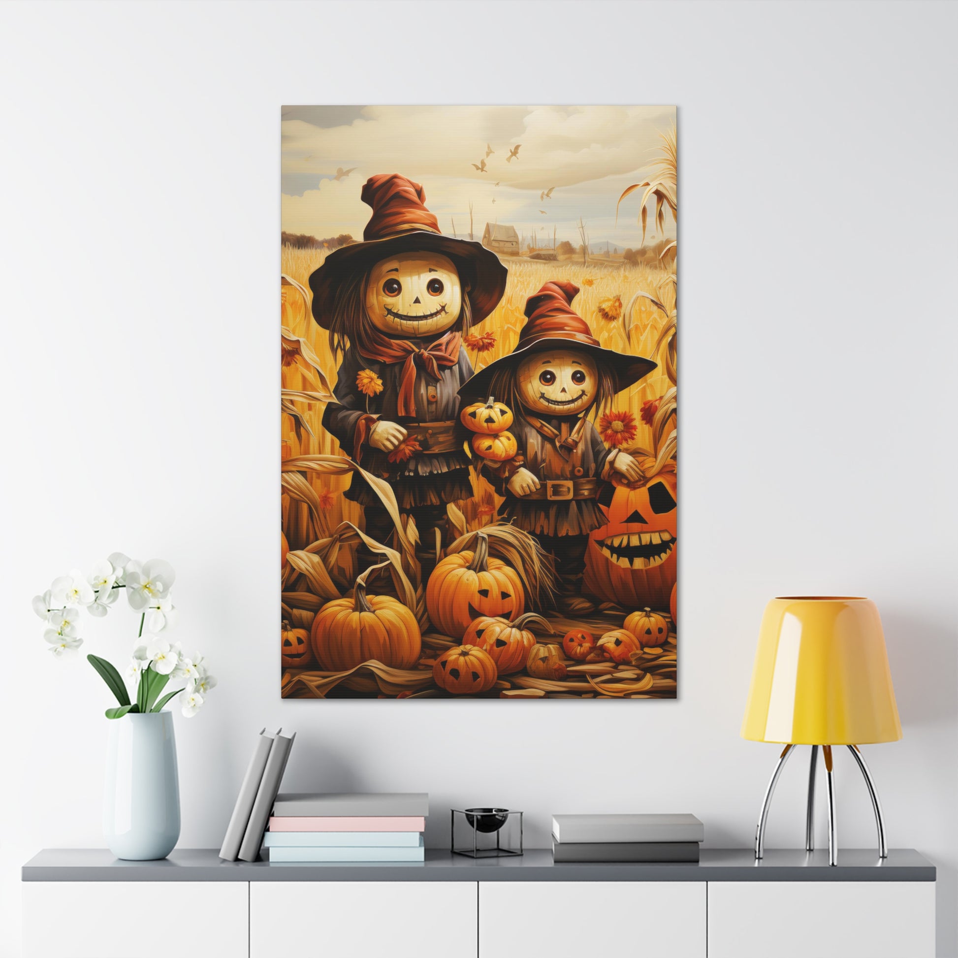 scarecrow in pumpkin patch canvas print