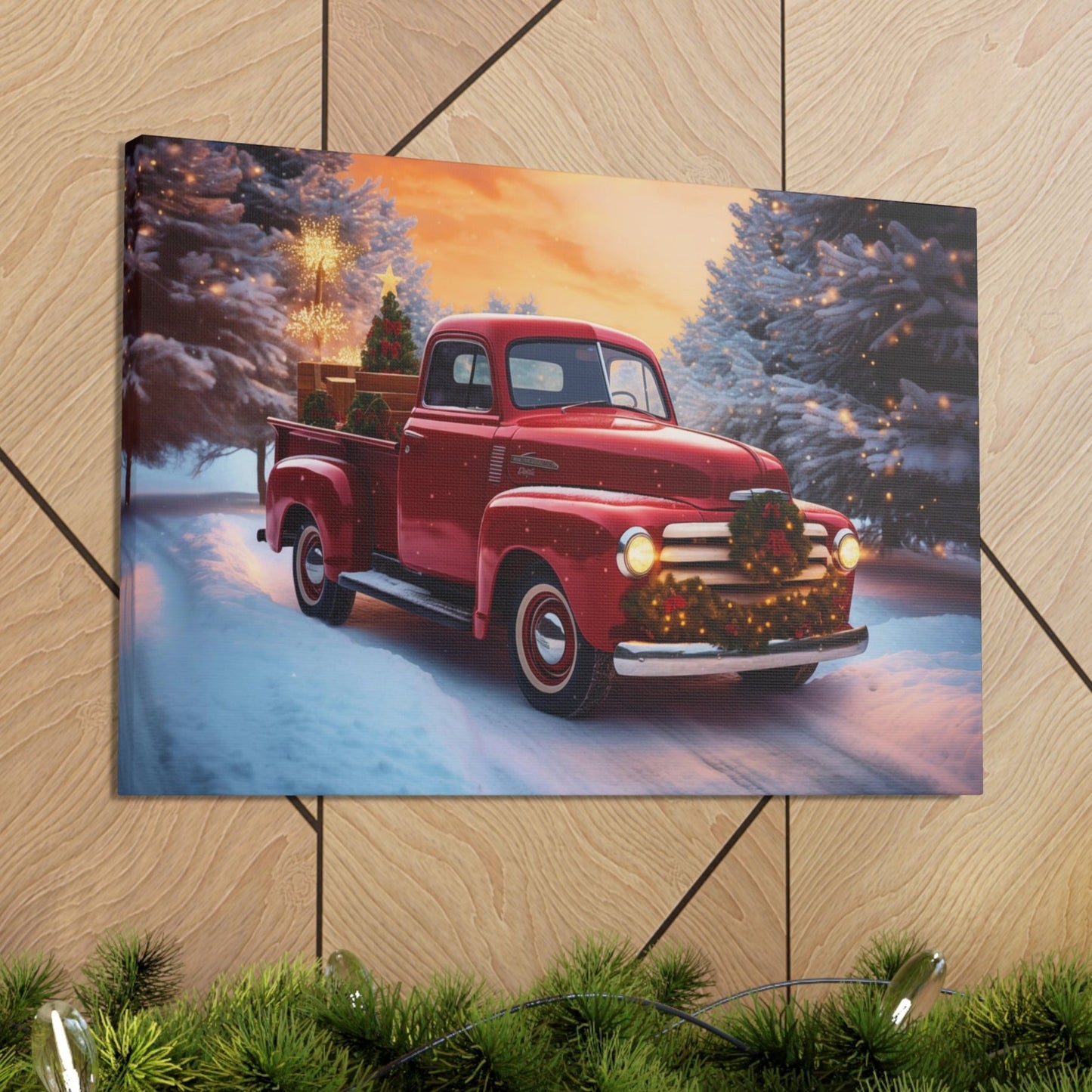 red christmas pickup truck canvas prints