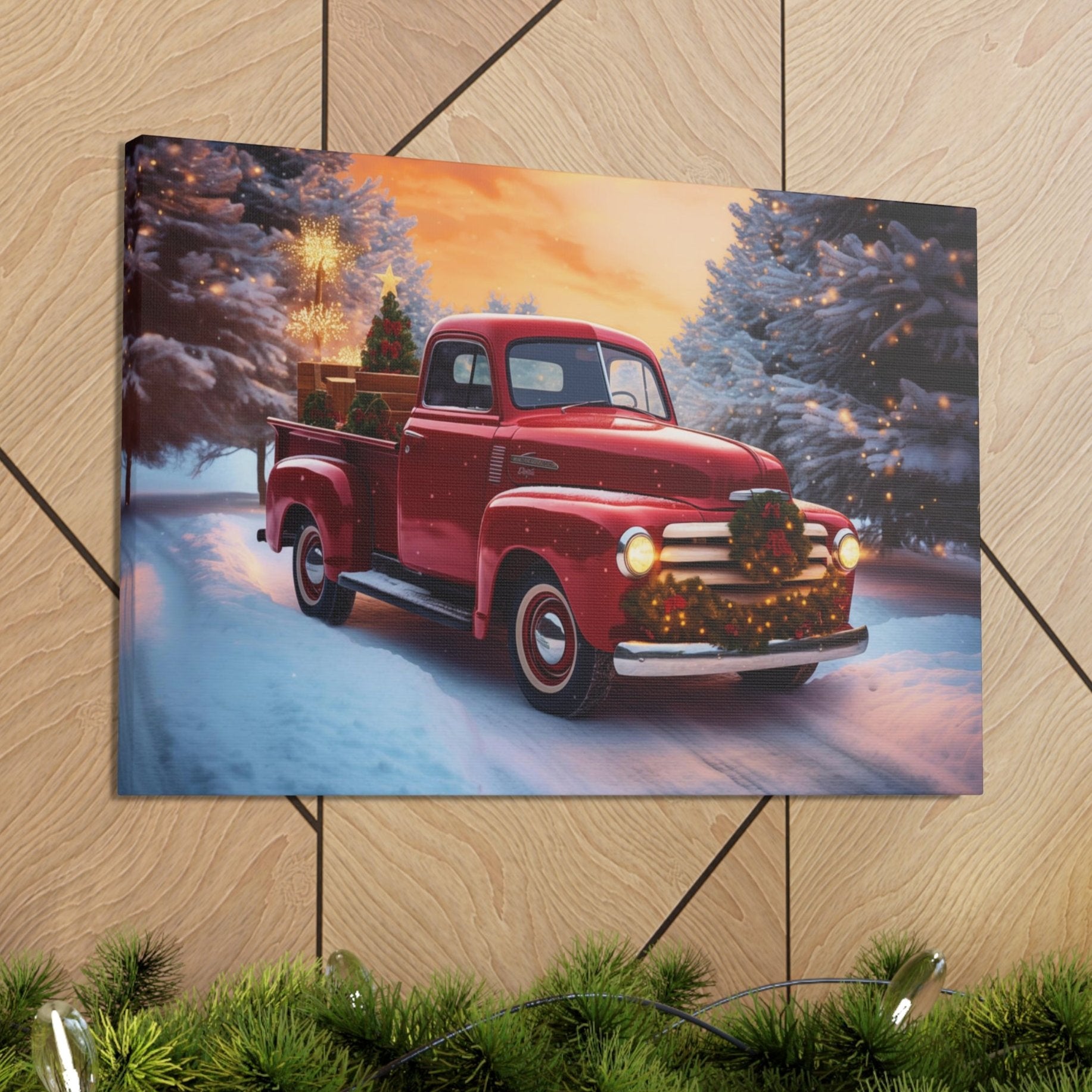 red christmas pickup truck canvas prints