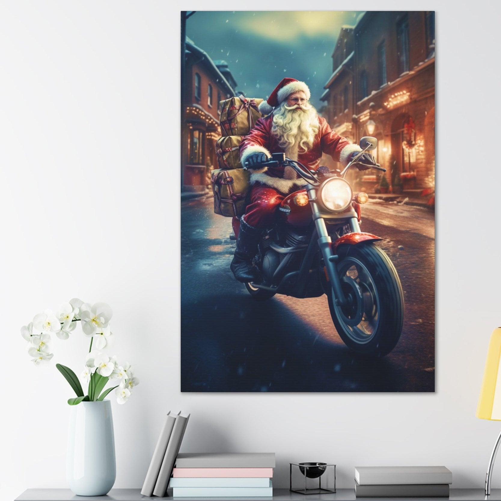 santa cruising on motorcycle wall decor art