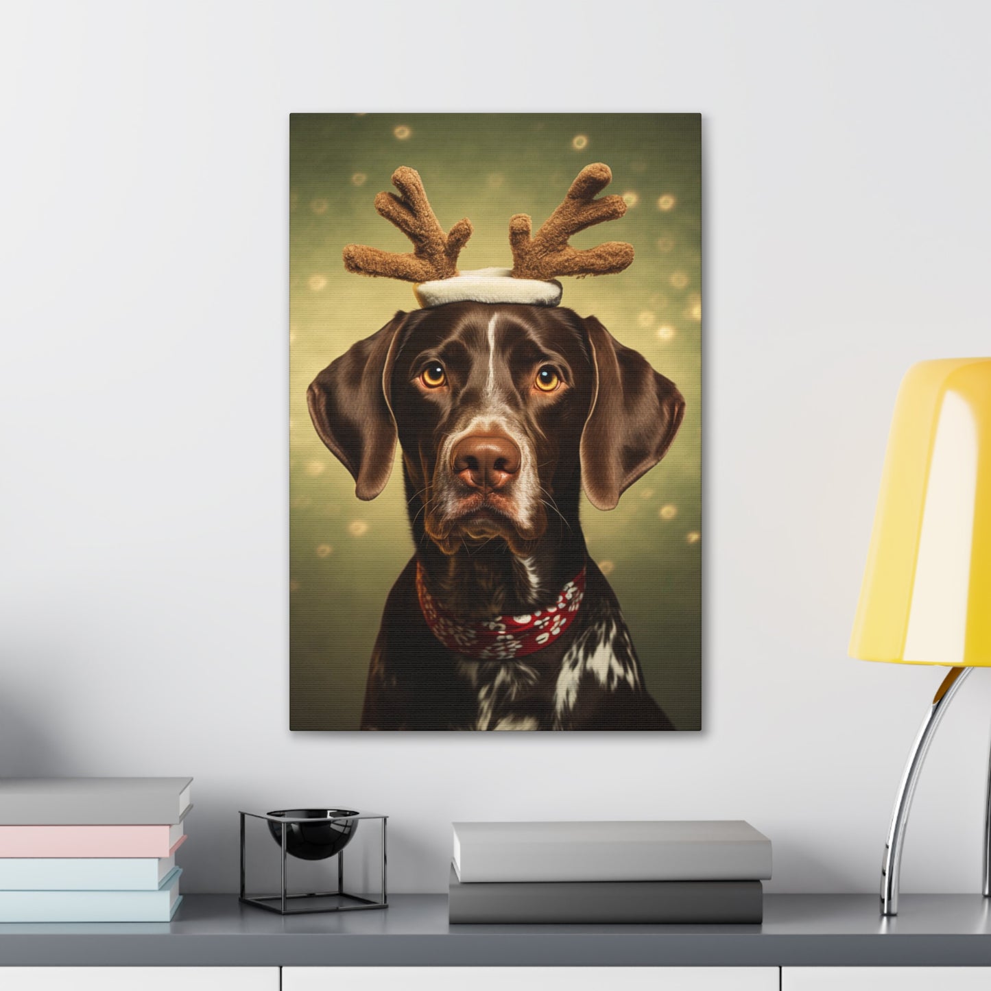 Cute German Shorthaired Pointers wearing reindeer antlers