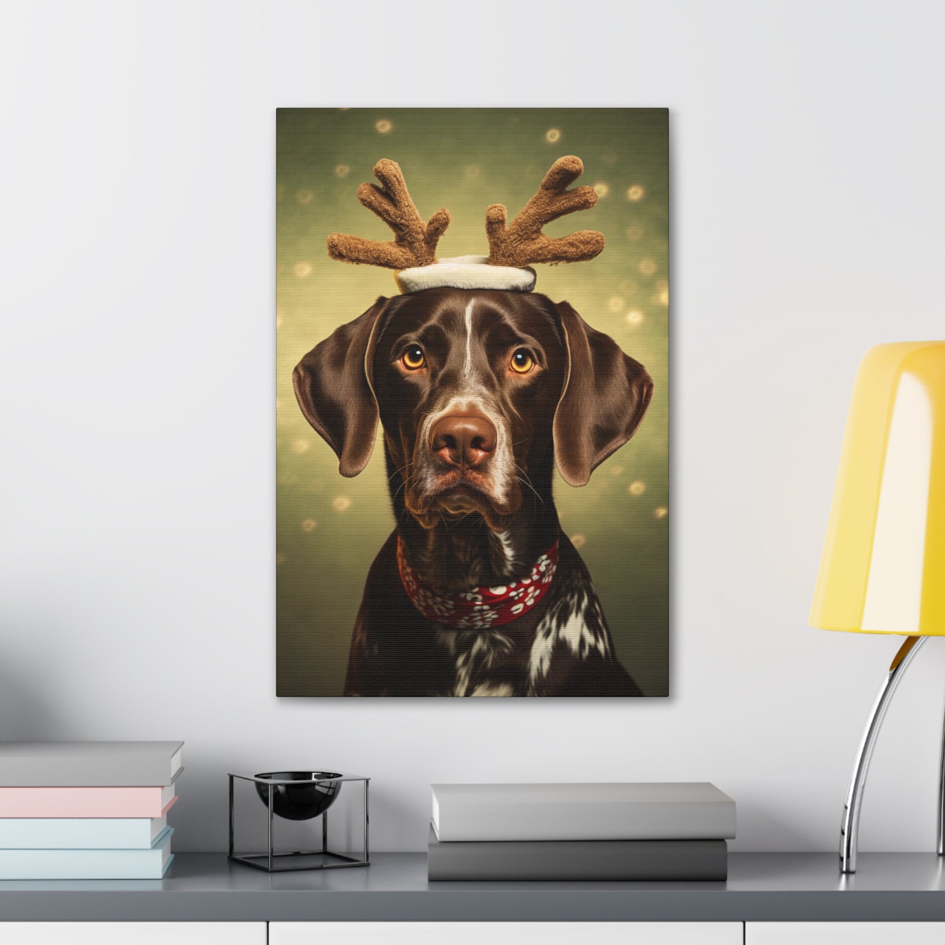 Cute German Shorthaired Pointers wearing reindeer antlers