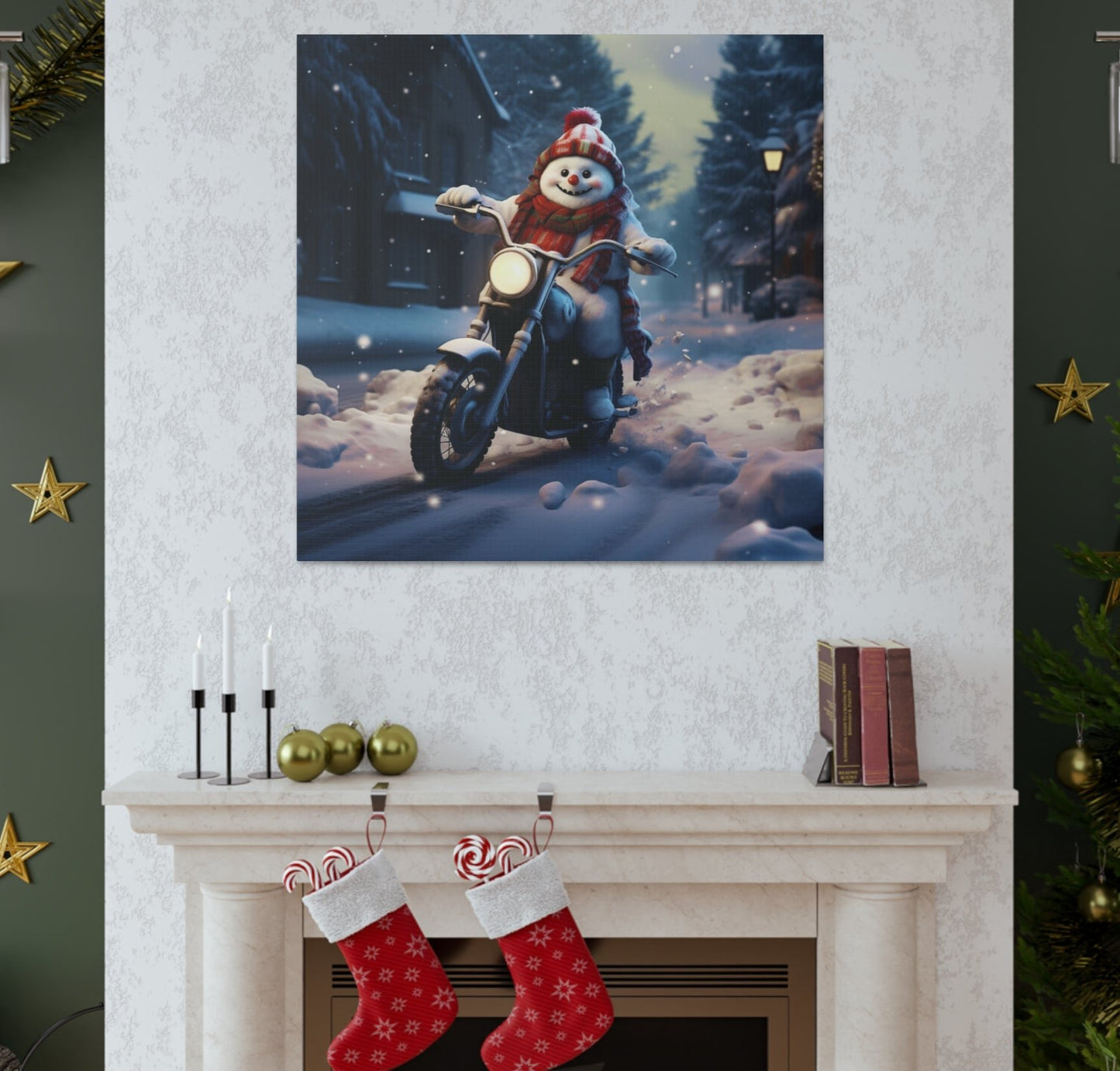 Christmas Snowman Riding a Motorcycle canvas print