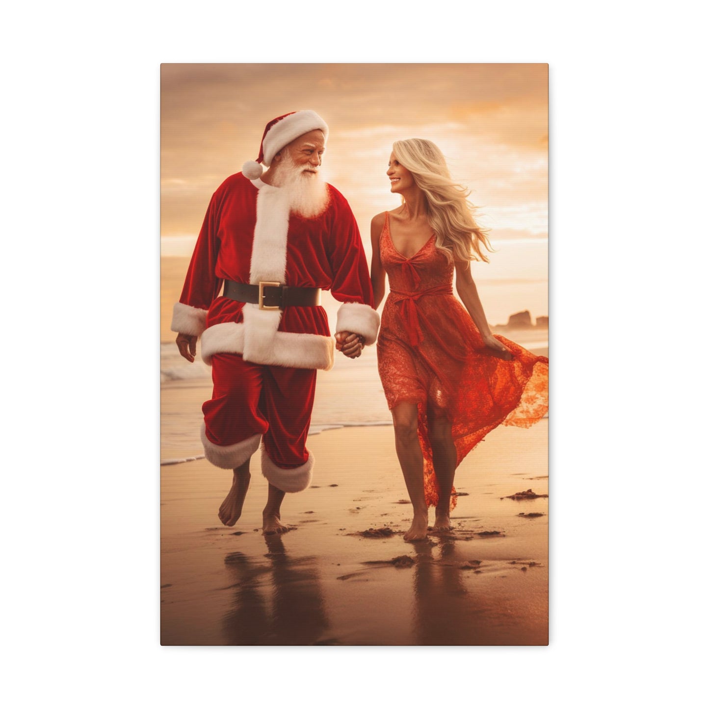 santa and mrs. claus walking on beach wall decor art