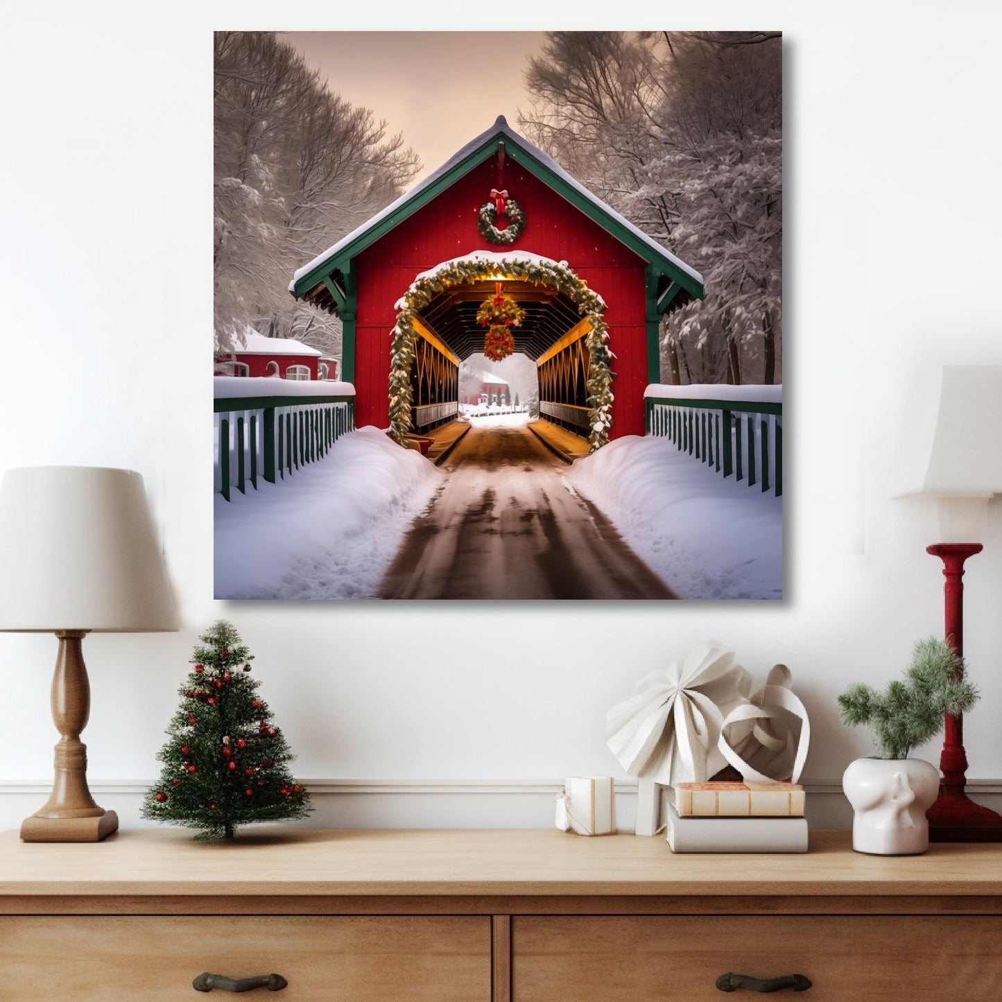 red christmas covered bridge canvas print,