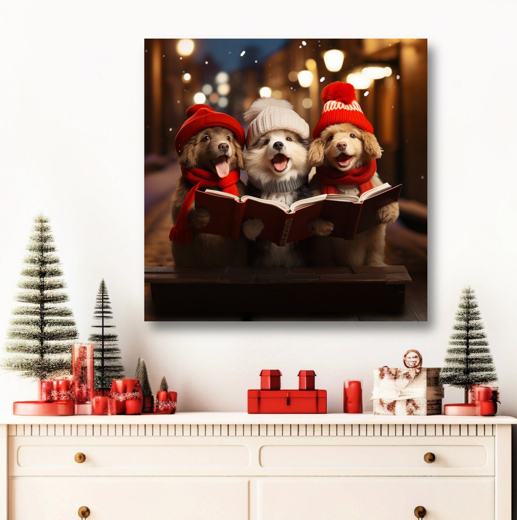 Christmas dog carolers aesthetic stretched canvas print