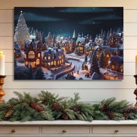 snowy christmas village canvas print
