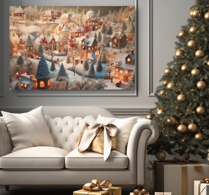 snowy christmas village canvas print