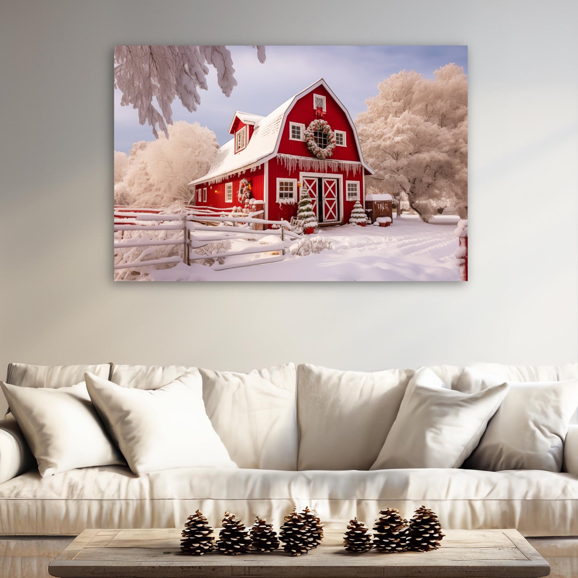 red christmas barn canvas print