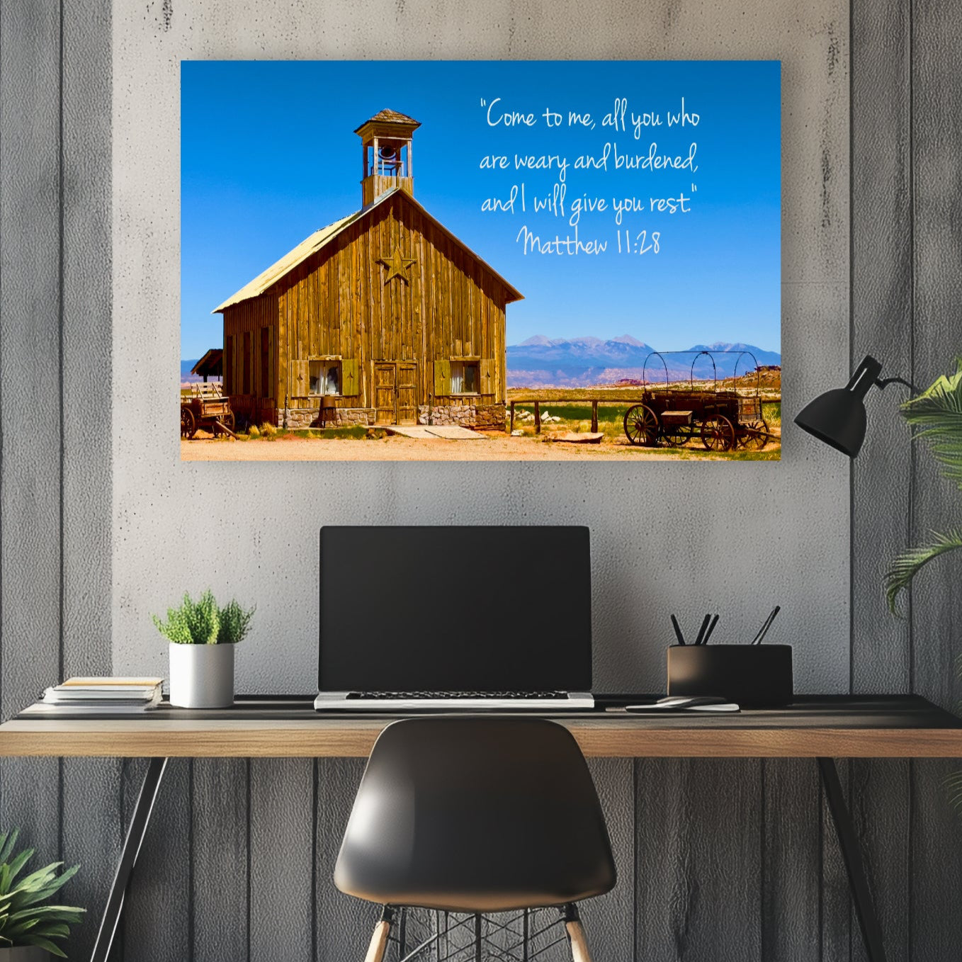 Matthew 11:28 large poster picture black frame wild west church