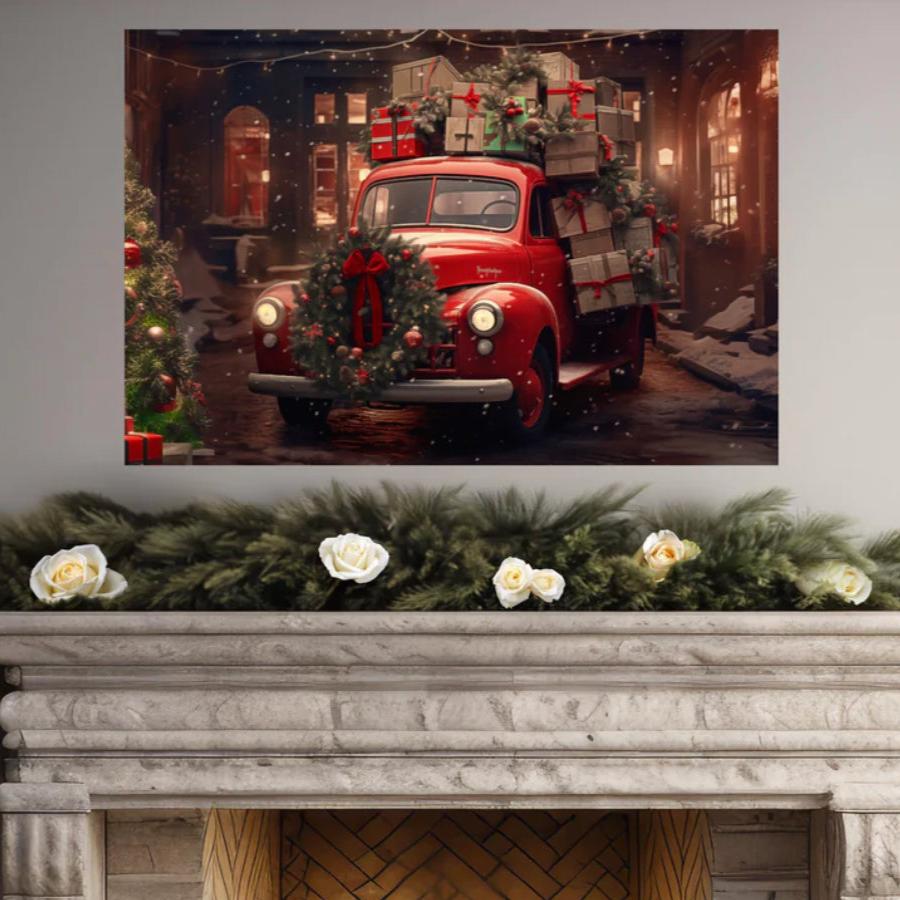 red christmas truck canvas prints, classic Christmas truck wall art decor
