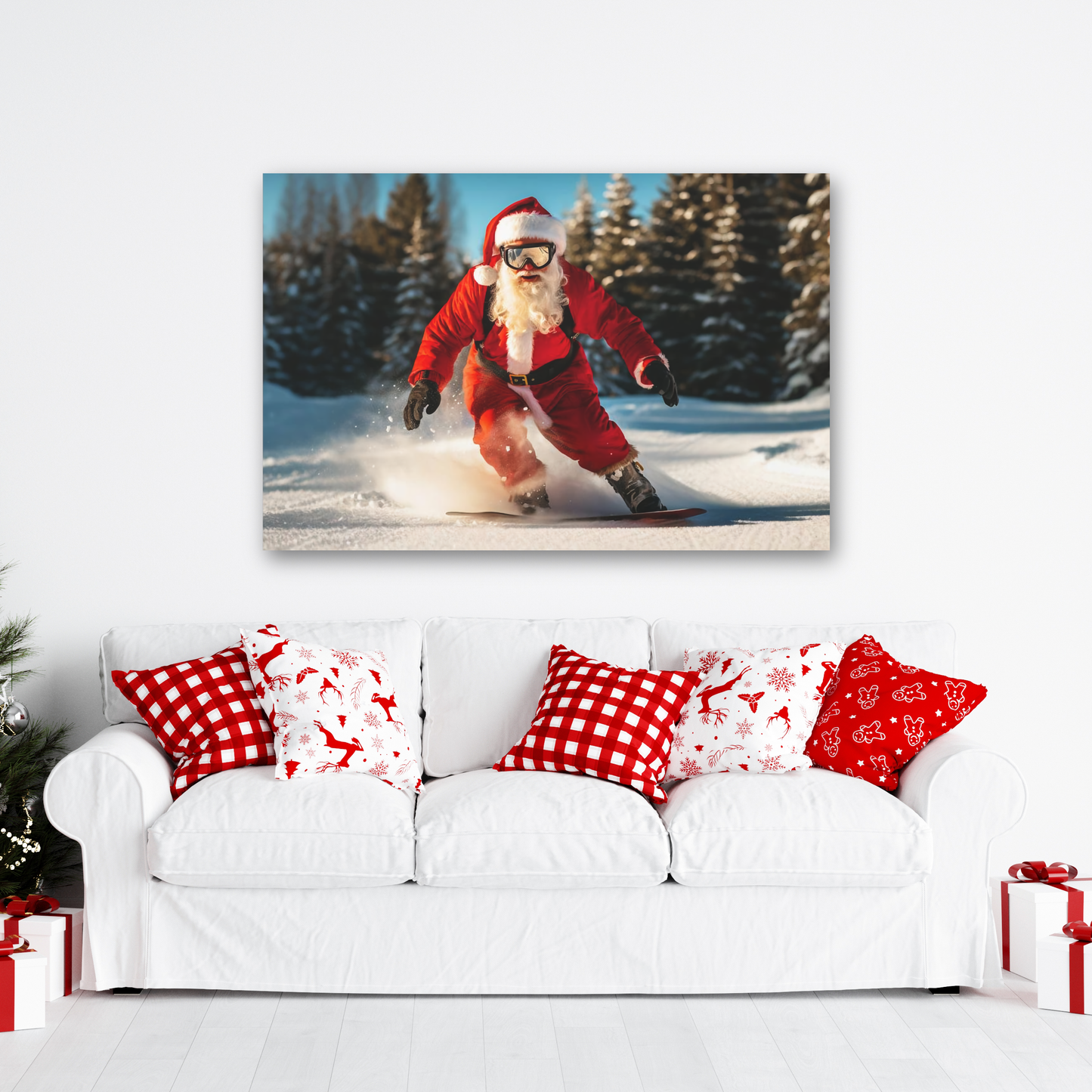 Santa Claus doing tricks on snowboard canvas print