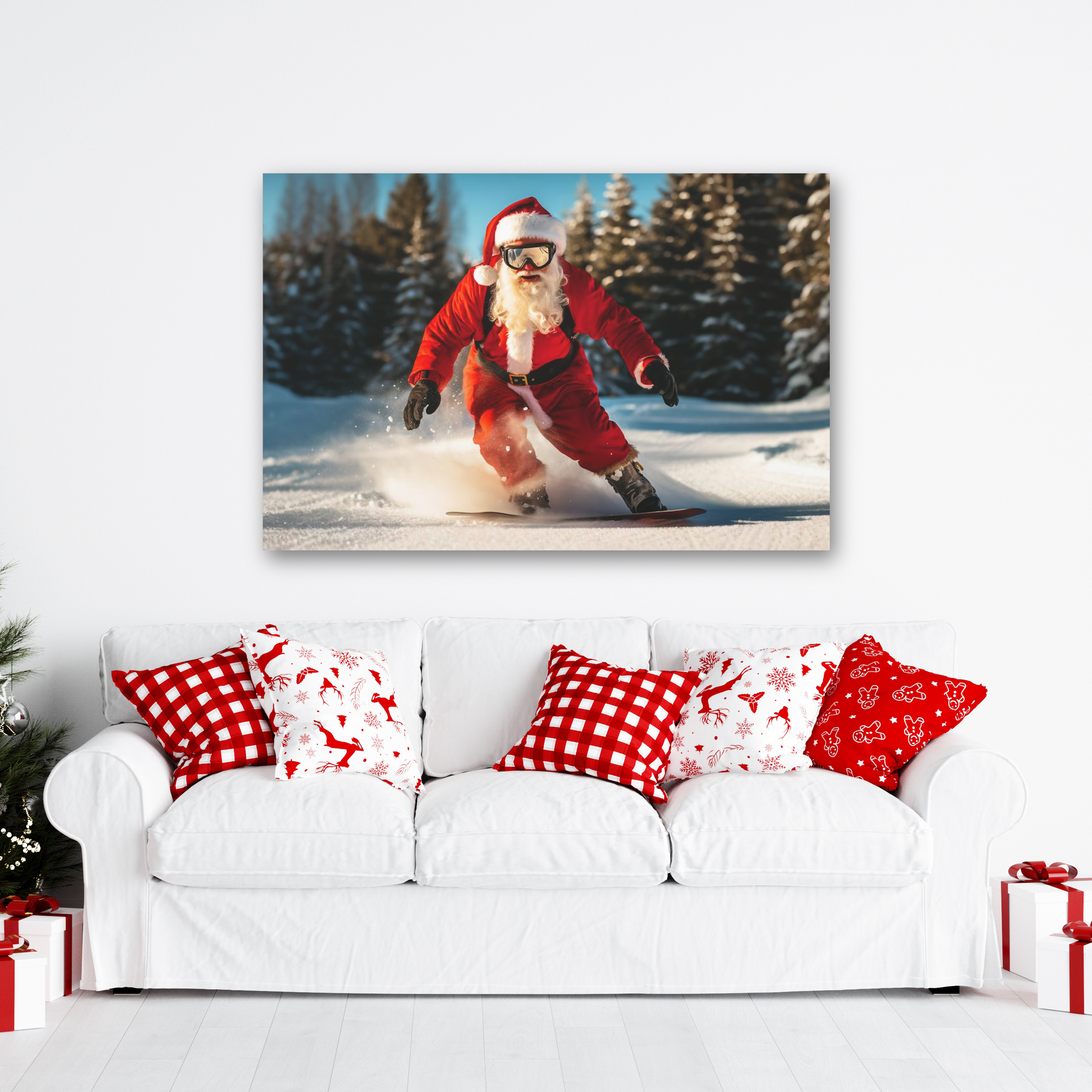 Santa Claus doing tricks on snowboard canvas print