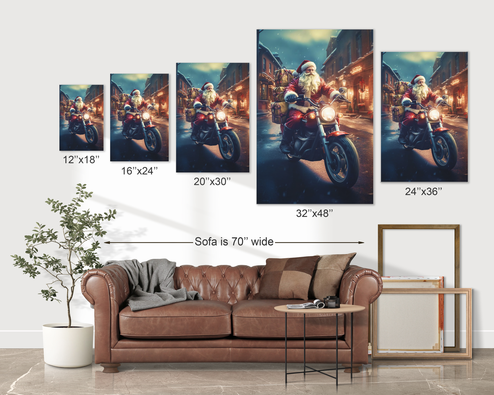 Santa Claus delivering gifts on motorcycle wall art decor