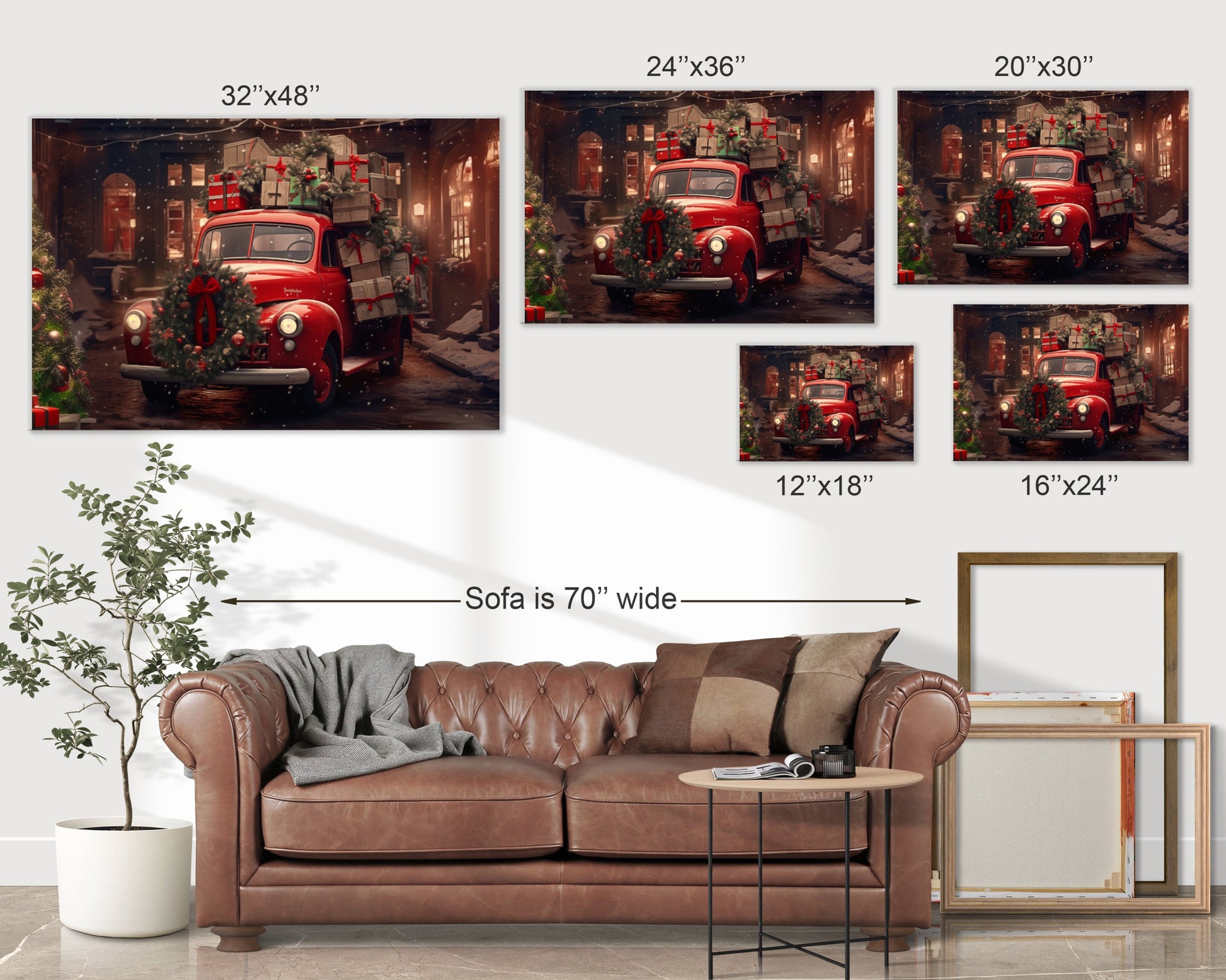red christmas pickup truck canvas prints