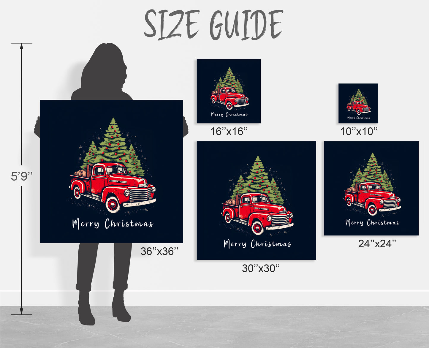 red christmas pickup truck canvas prints