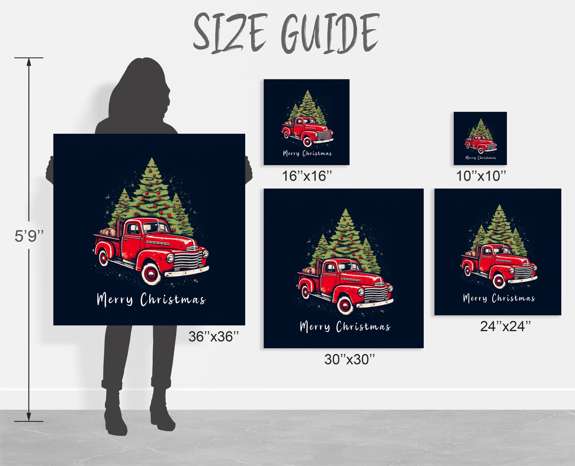 red christmas pickup truck canvas prints