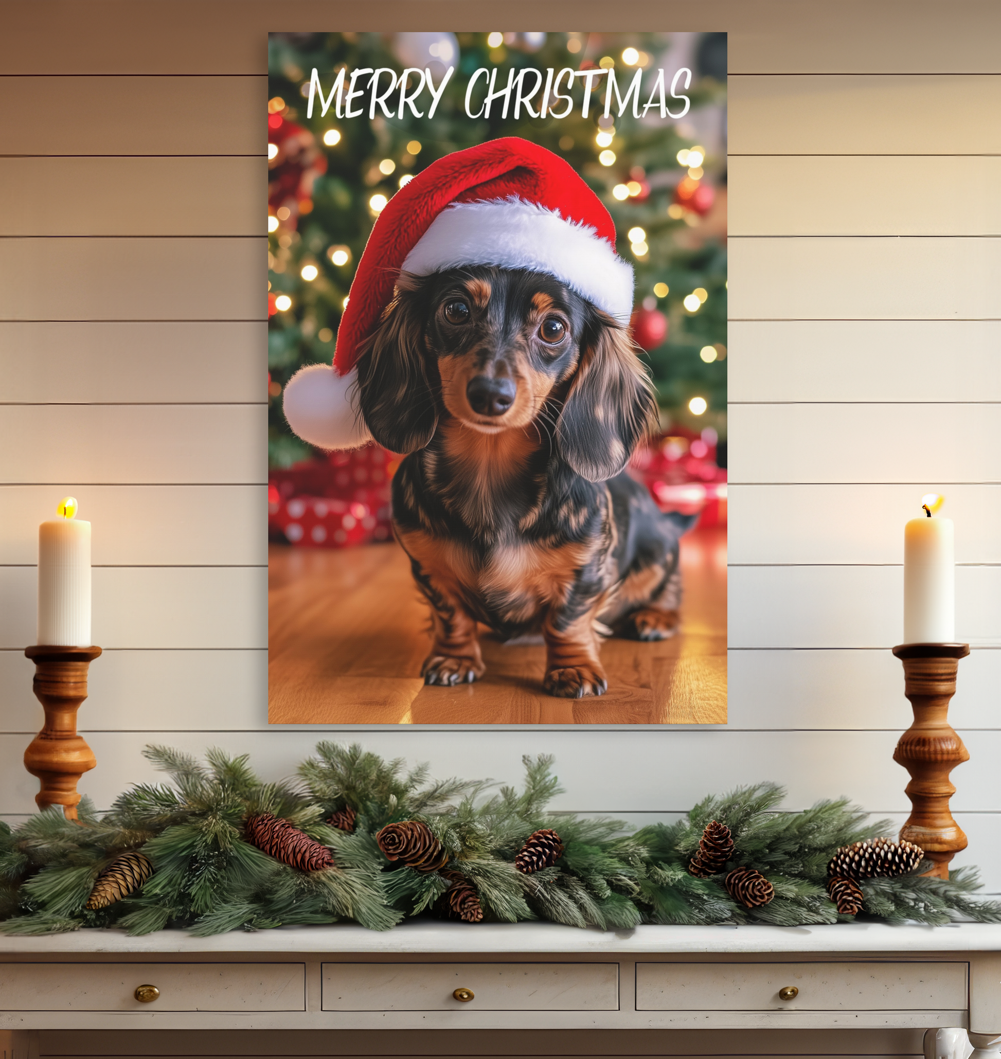 Dachshunds wearing Santa hat canvas print lovers Christmas decor