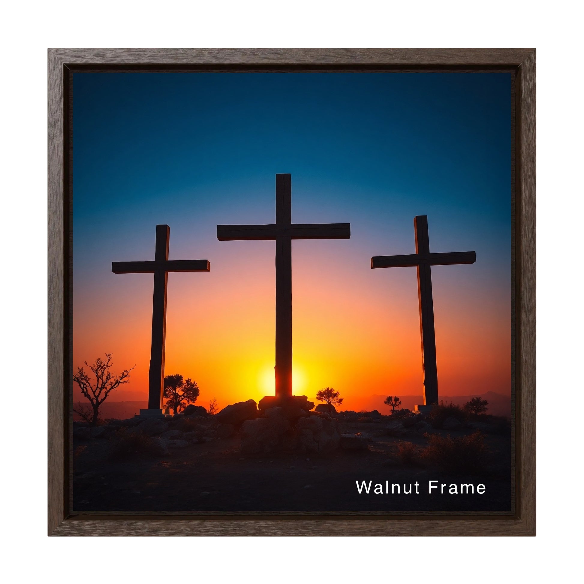 Golgotha bible resurrection day canvas art brown walnut frame