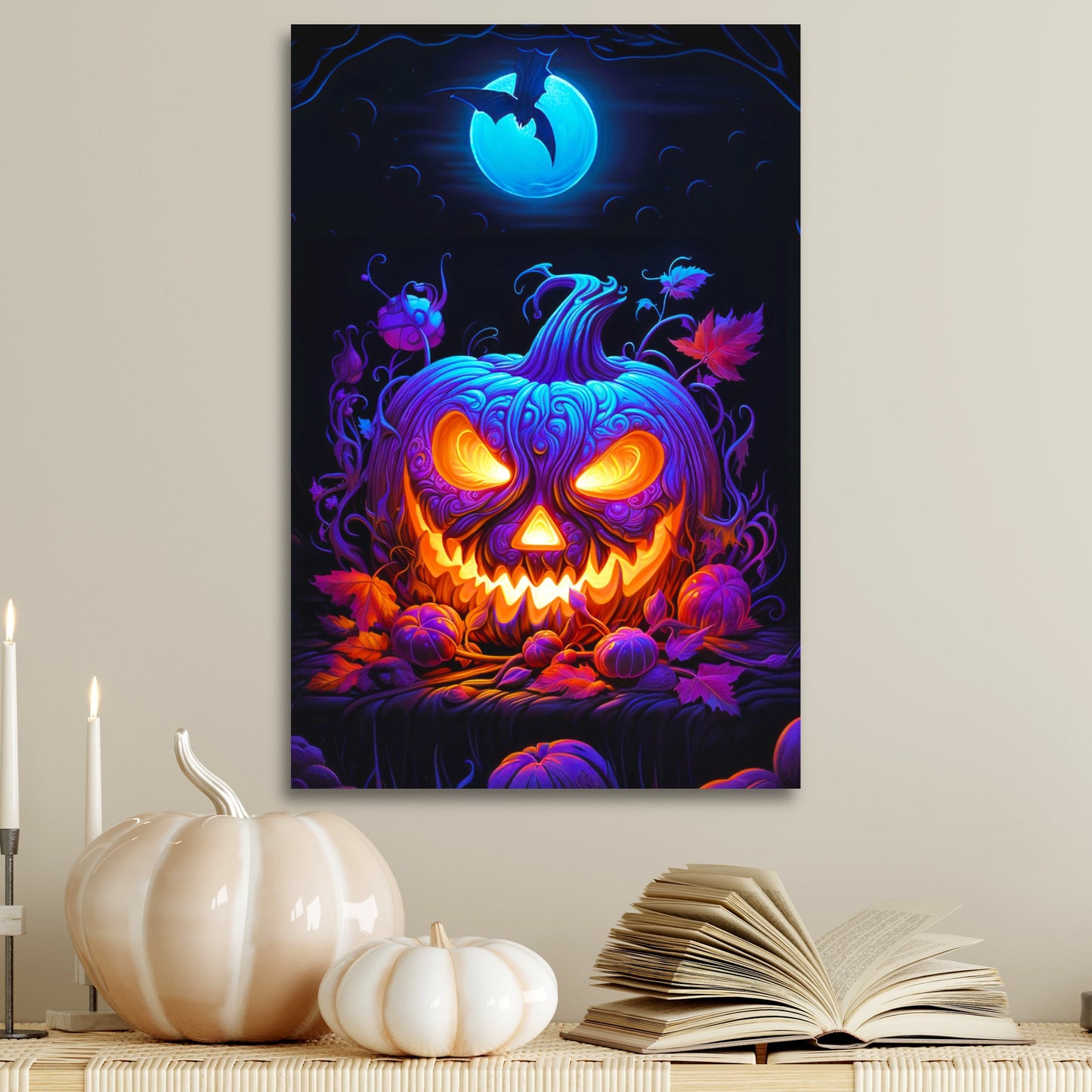 Halloween blacklight jack-o-lantern, jack-o-lantern aesthetic Halloween wall decor