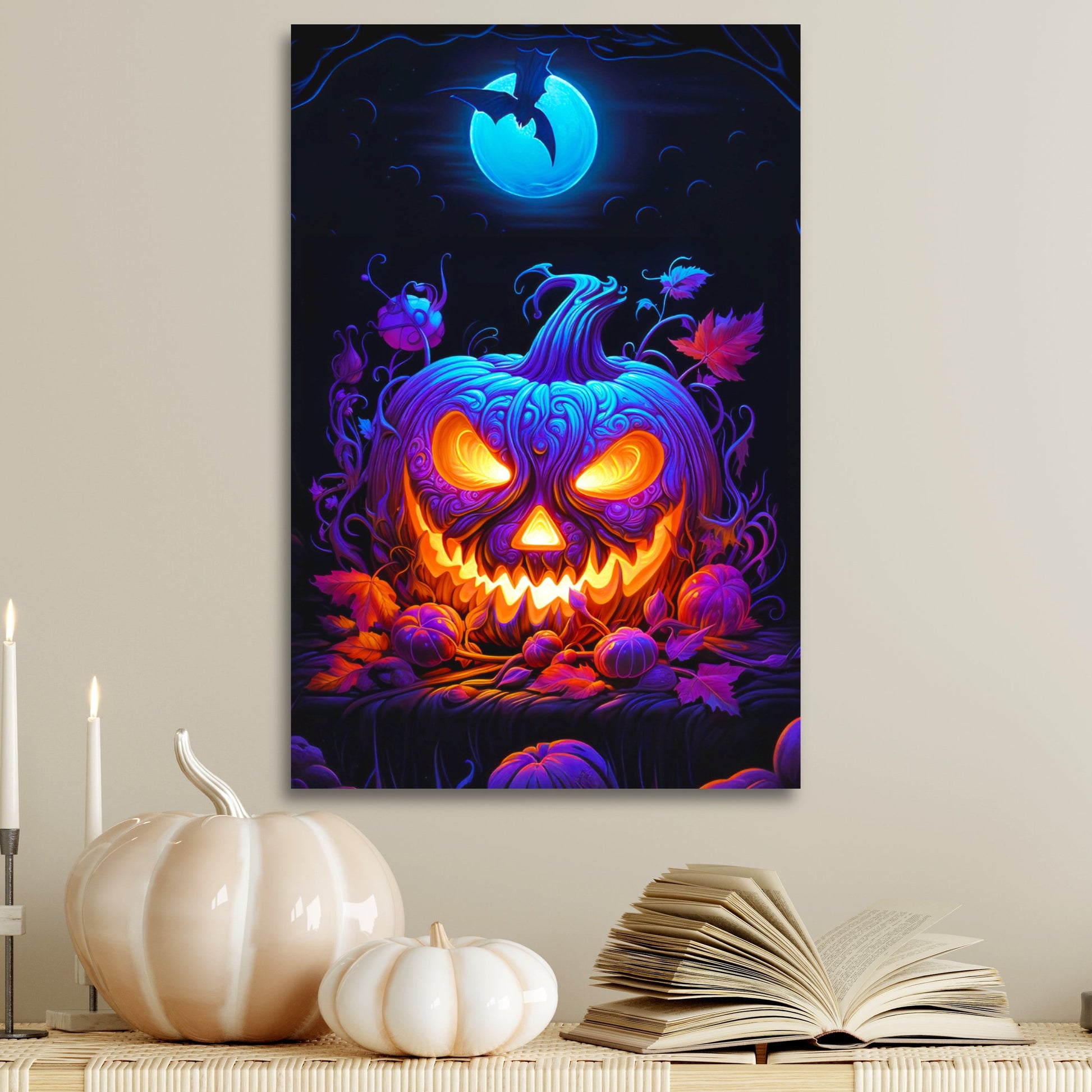 Halloween blacklight jack-o-lantern, jack-o-lantern aesthetic Halloween wall decor