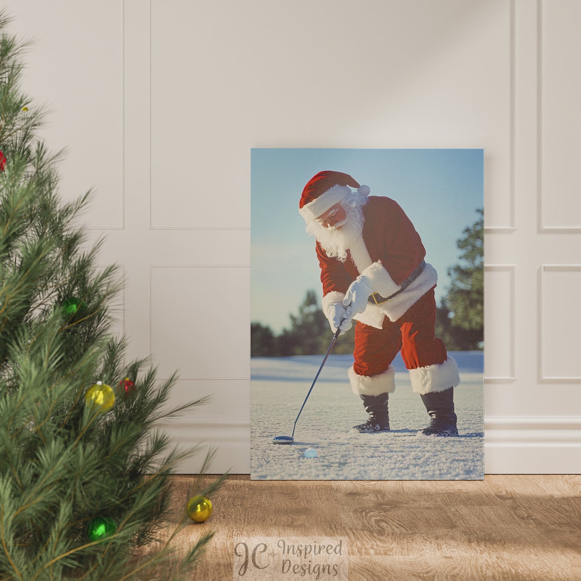 santa claus playing golf putting wall art decor gift