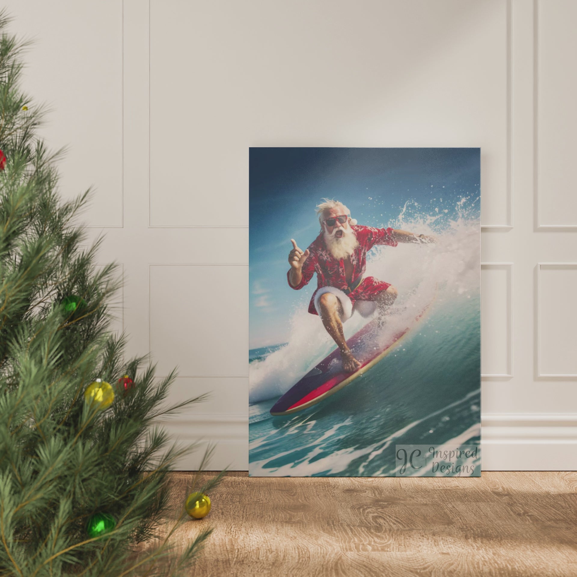 Santa Claus surfing stretched canvas print red white blue black, easy ready to hang artwork