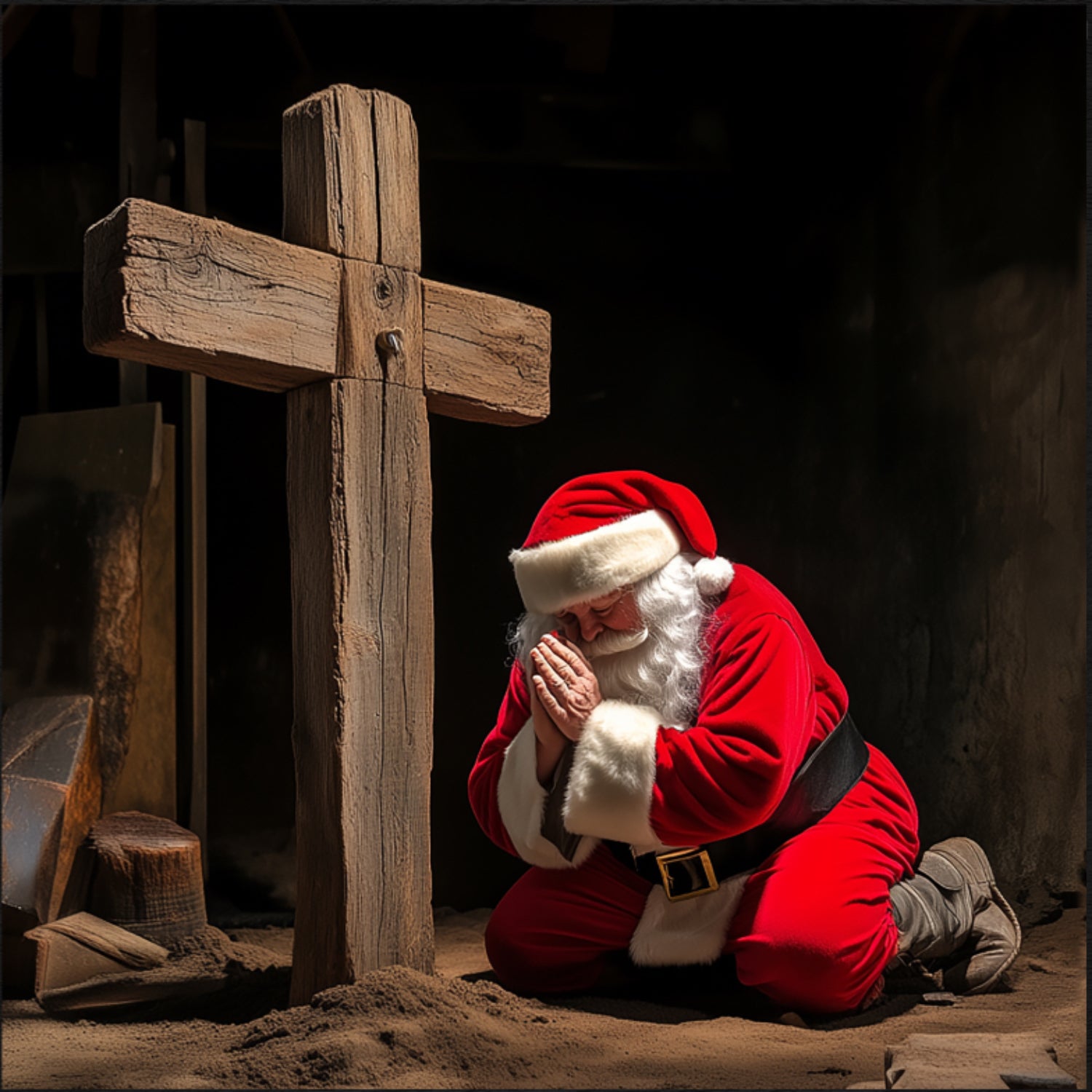 santa claus praying wall walnut framed hanging art