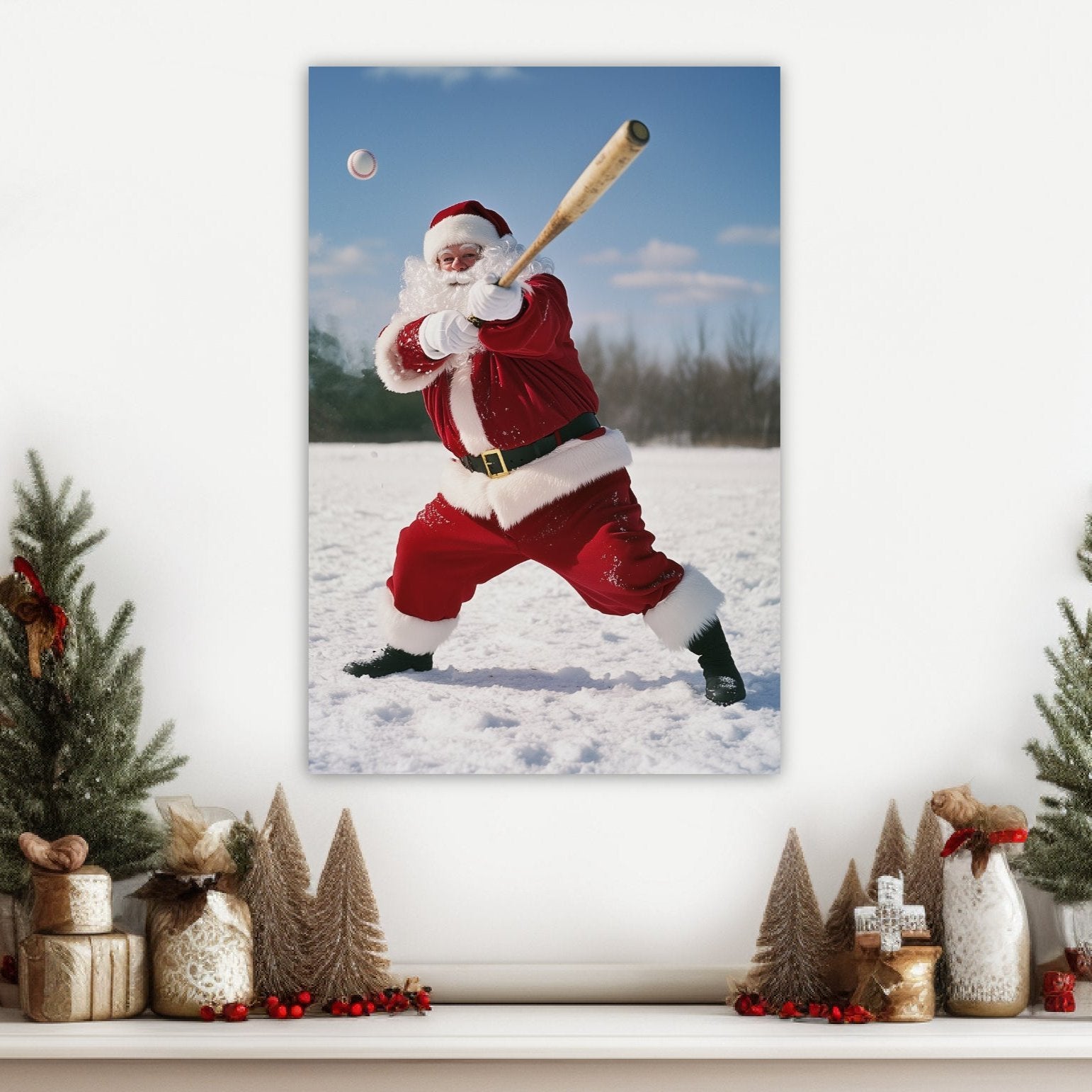 santa claus batting hitting the ball wall art decor gift