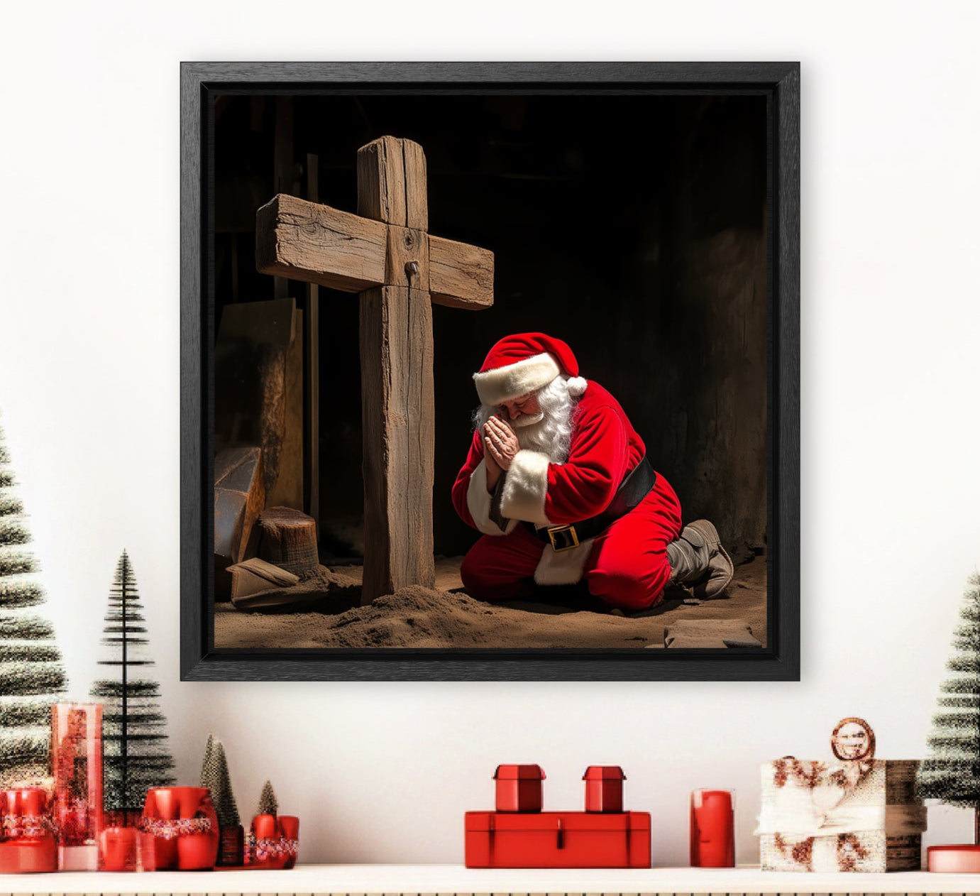 santa claus kneeling at the cross framed stretched canvas print
