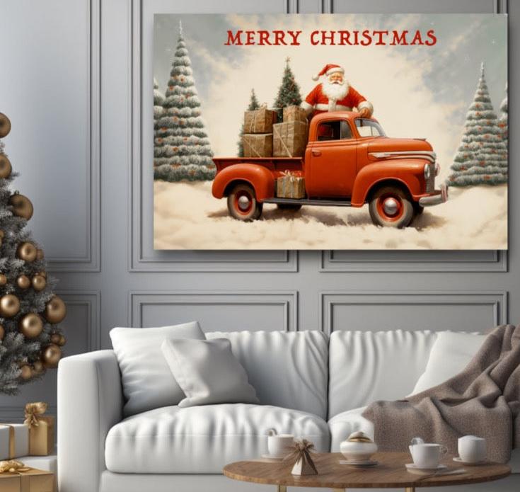 santa with red christmas pickup truck canvas print