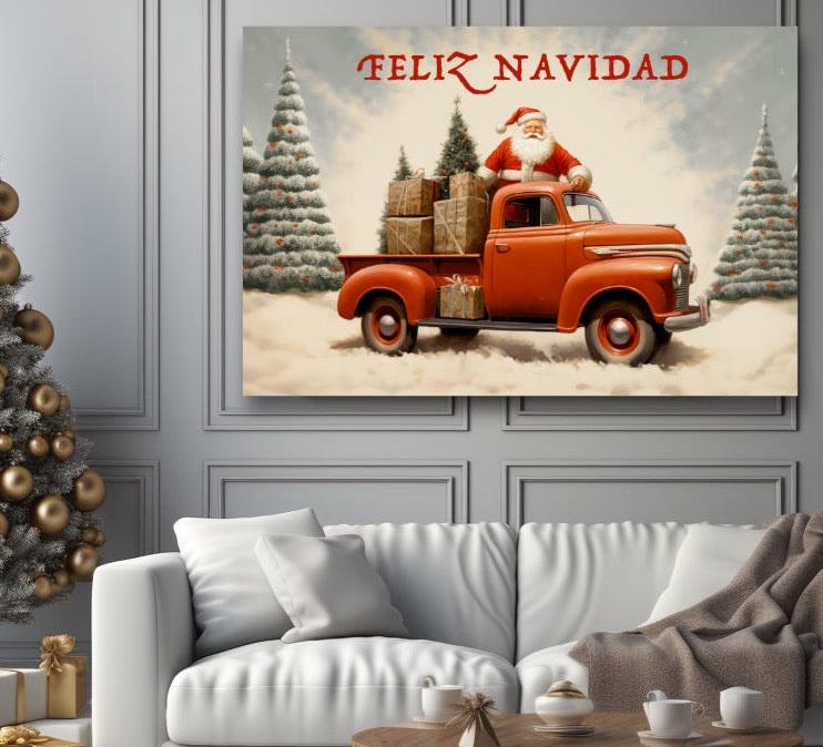 santa claus red christmas truck canvas prints