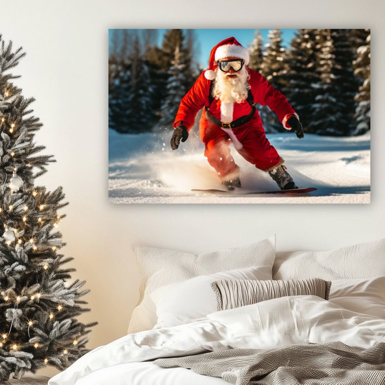 Santa on snowboard stretched canvas print gallery wrap wall art decor gift