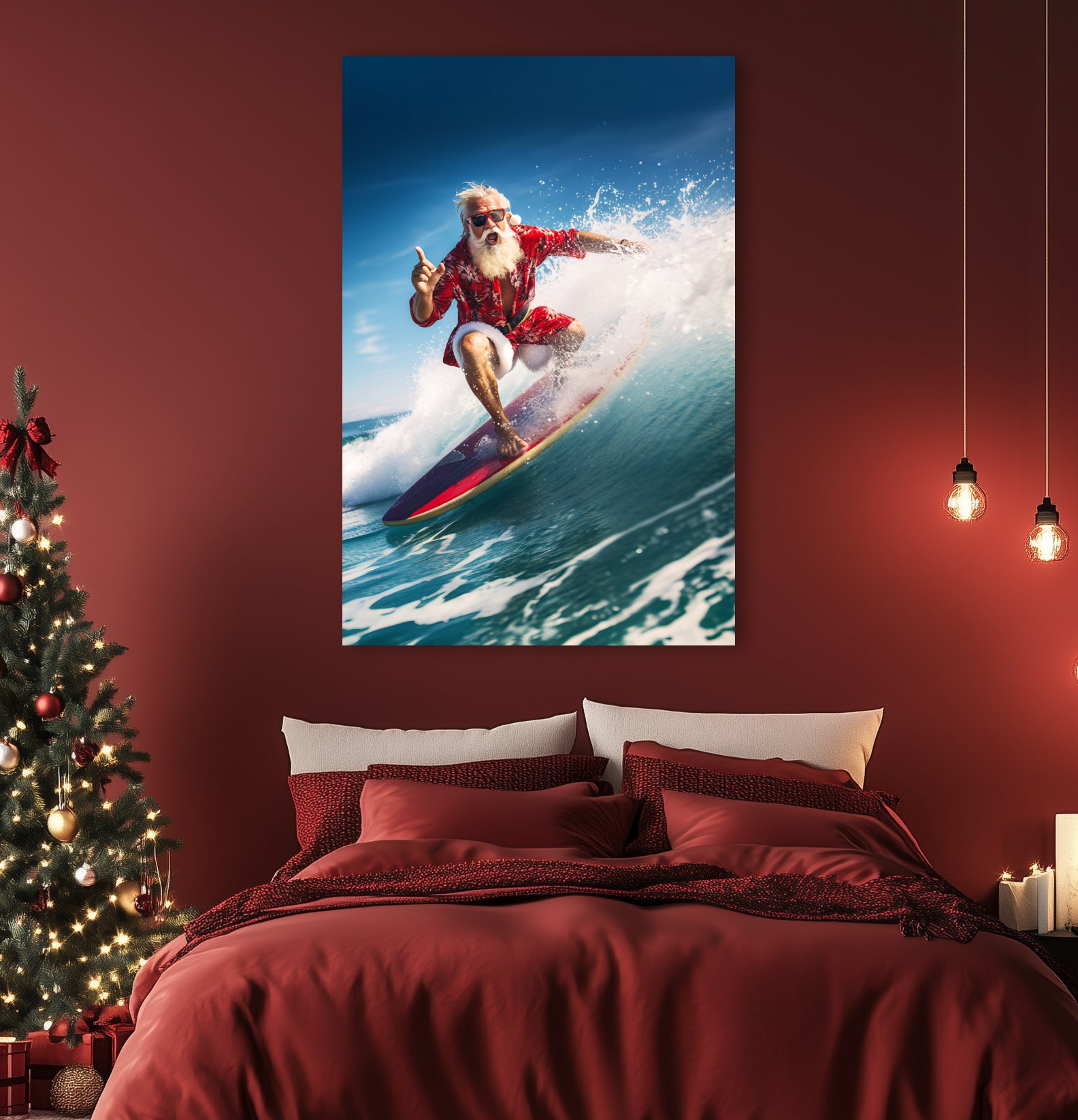 Santa surfing artwork aesthetic