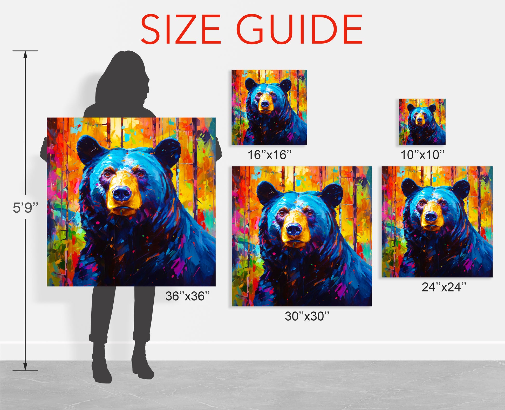 vibrant black bear wall art, modern art black bear aesthetic wall decor