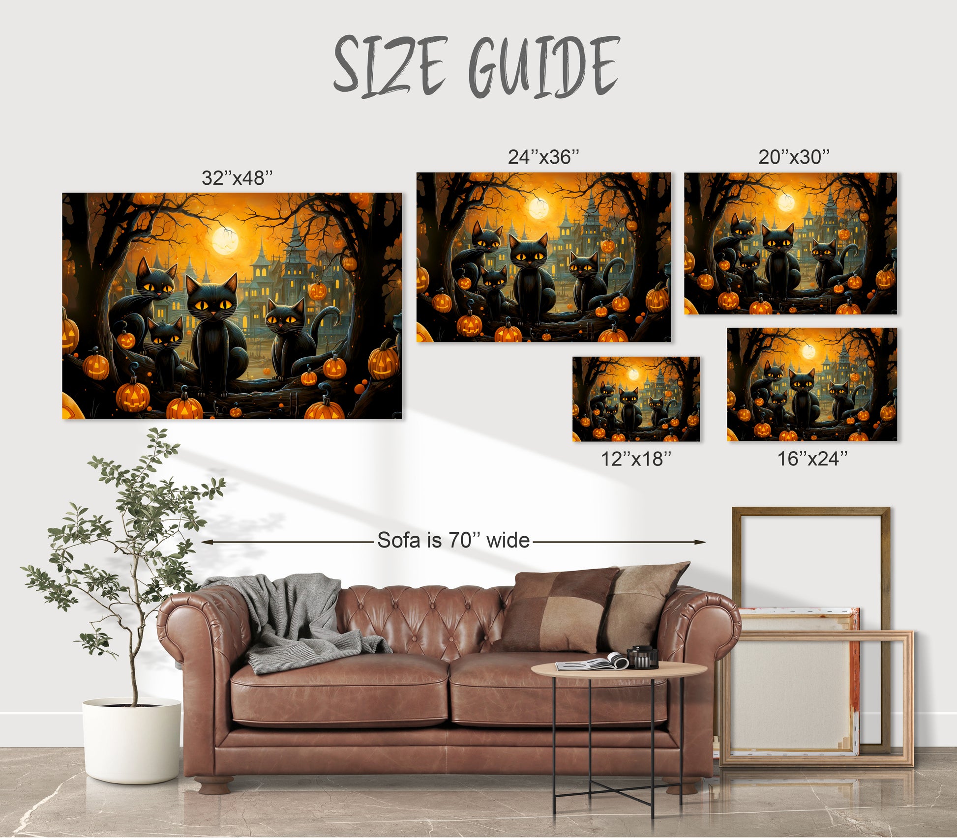 Halloween black cats art print pumpkins