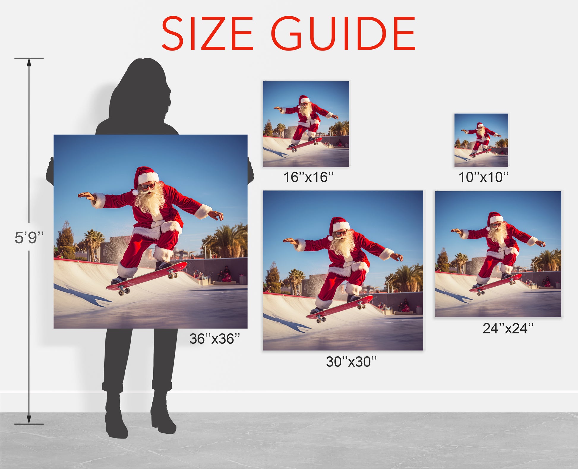 Santa Claus doing tricks on skateboard stretched canvas print